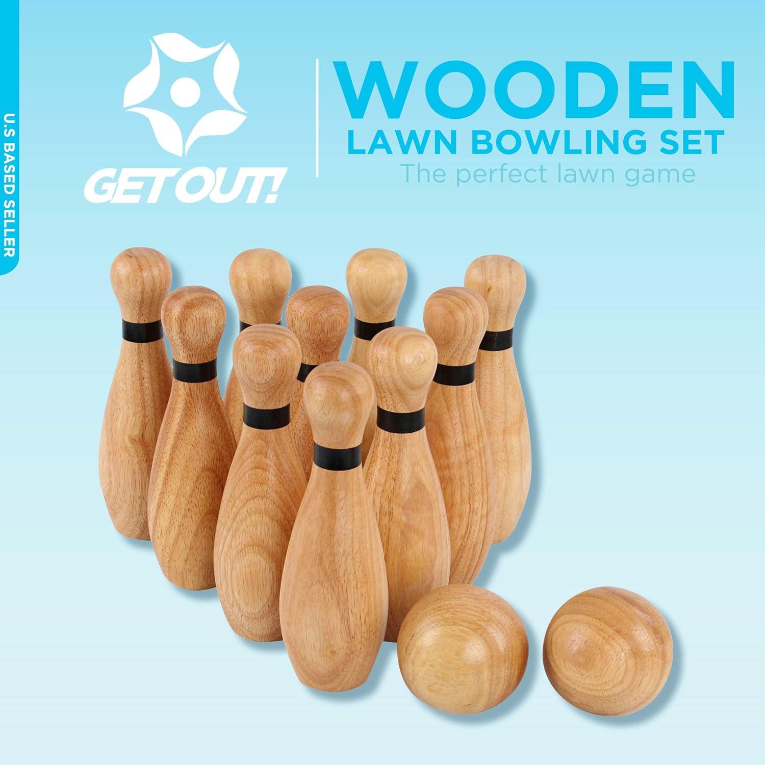 Get Out! Wooden Bowling Set - 12pc Lawn Bowling and Skittle Ball Game