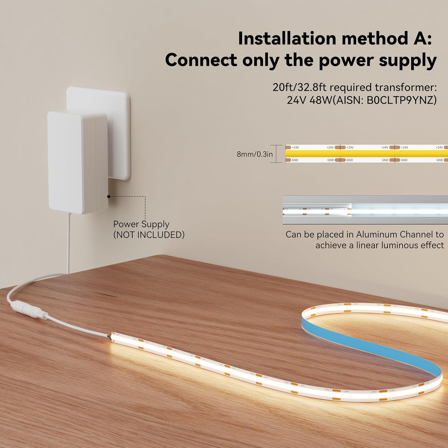 MIWISE COB LED Strip 20ft/6.1m,CRI 90+ Warm White 3000K High Lumen Super Bright Flexible DC24V LED Tape Light,for Cabinet Home Office DIY Lighting Projects(Adapter & Controller NOT Included)