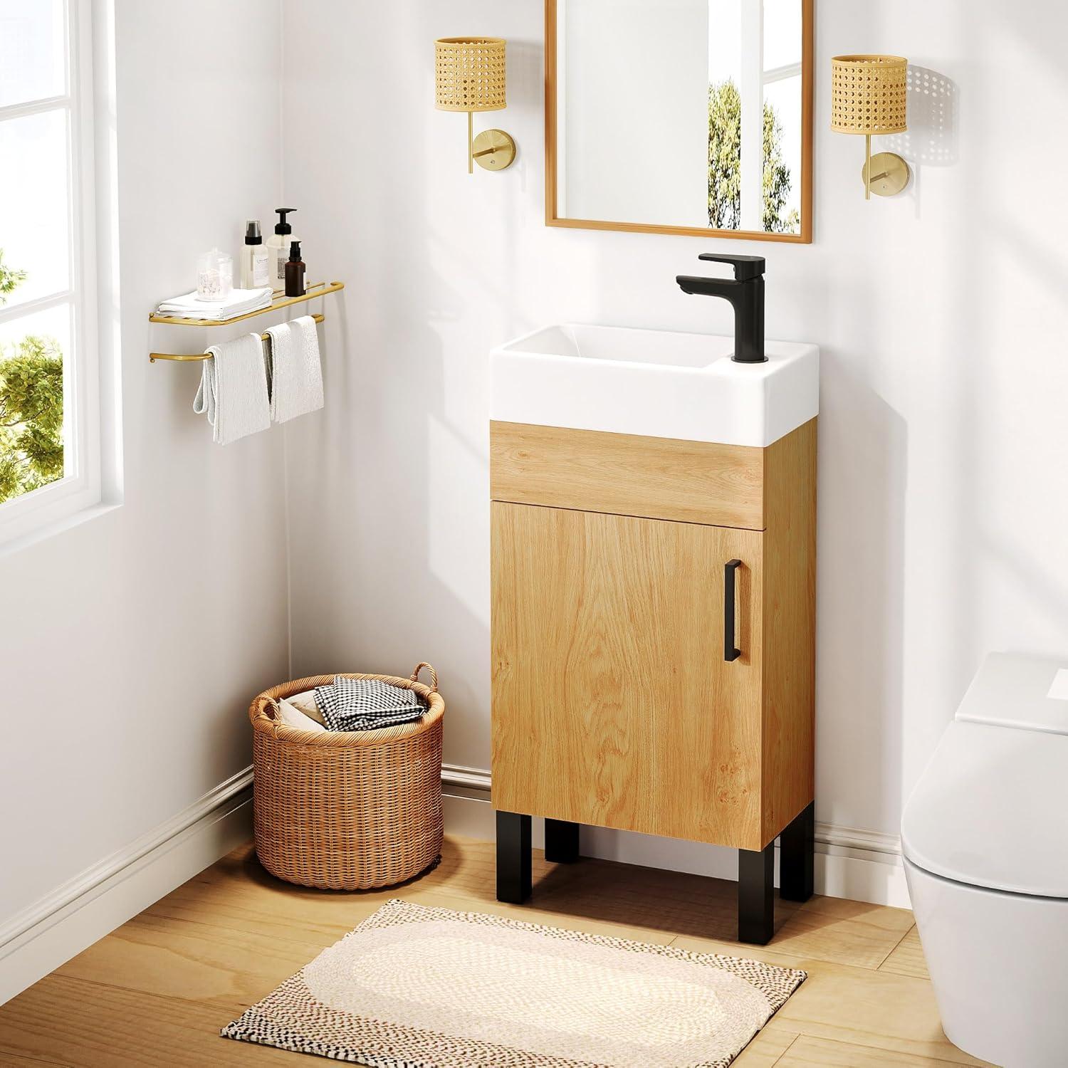 Natural Wood 16-Inch Freestanding Bathroom Vanity with Ceramic Sink