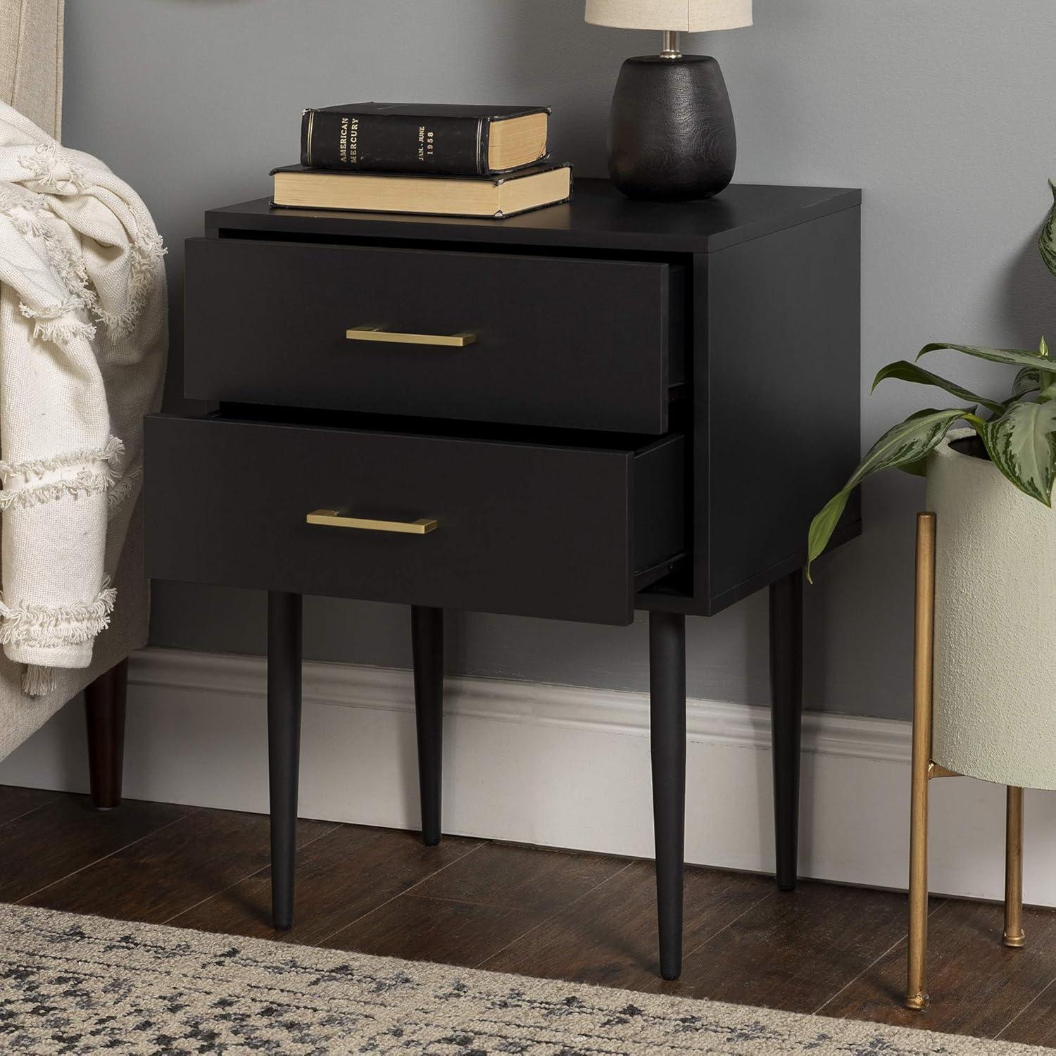 Evie 20" Solid Black Mid-Century Modern 2-Drawer Nightstand Set