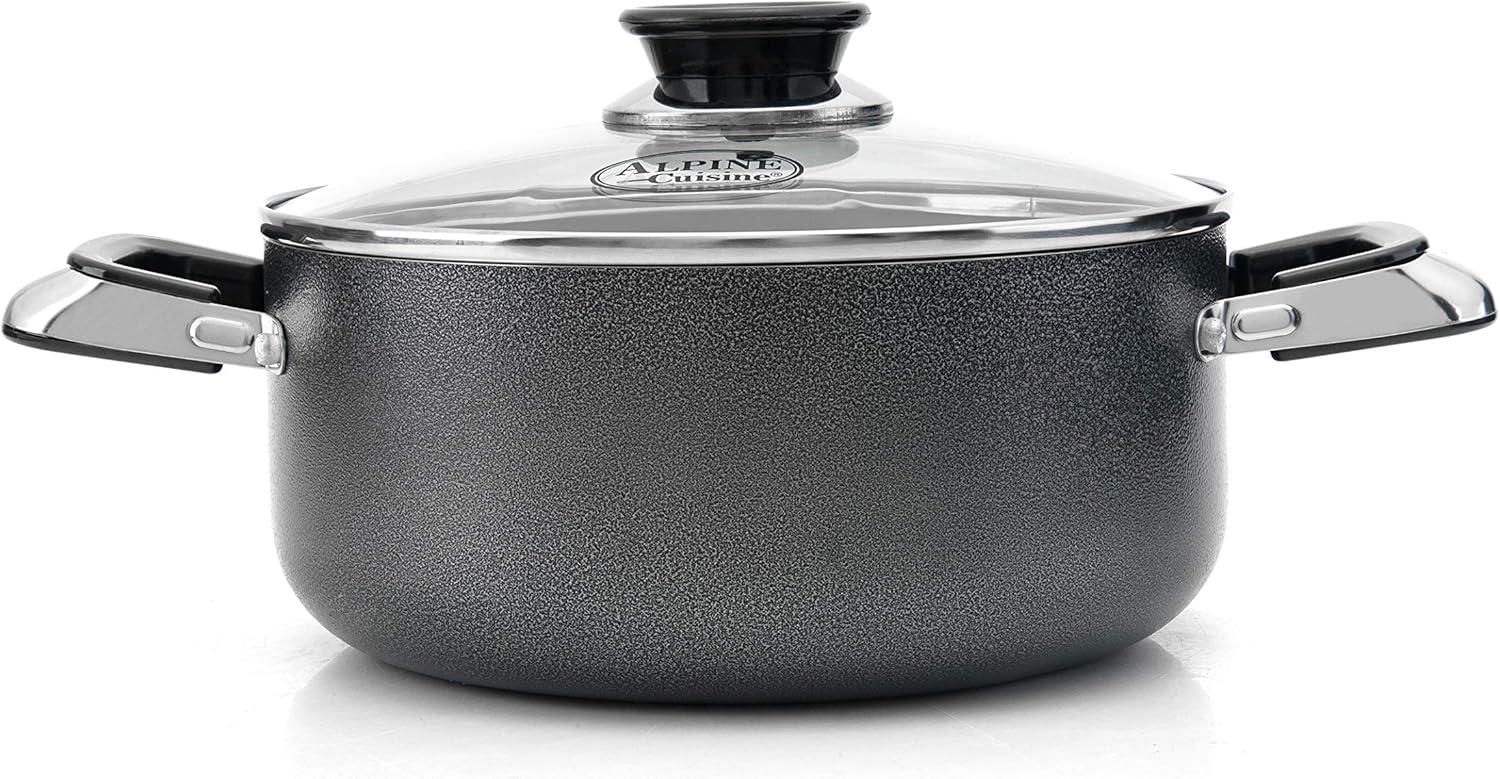 Alpine Cuisine 5 Quart Non-stick Stock Pot with Tempered Glass Lid and Carrying Handles, Multi-Purpose Cookware Aluminum Dutch Oven for Braising, Boiling, Stewing