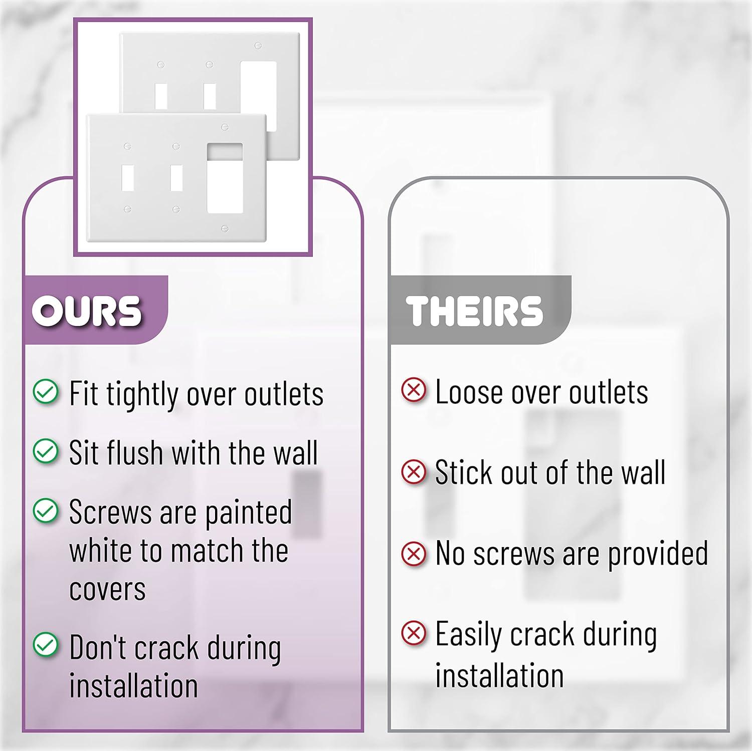 Bates- Combination Wall Plate, 2 Pack, Double Toggle/Single Decorator, White Light Switch Cover Plate