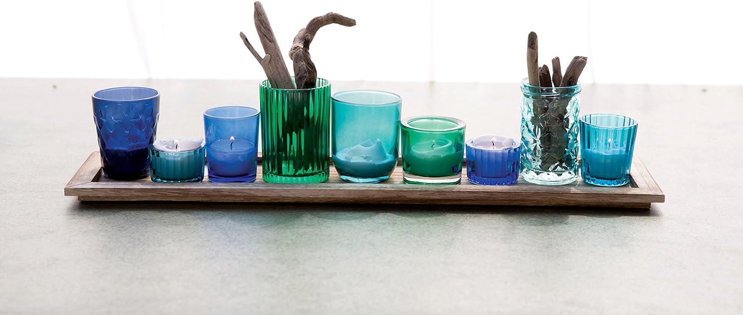 Creative Co-Op Wood Tray with 9 Blue & Green Glass Votive Holders (Set of 10 Pieces)