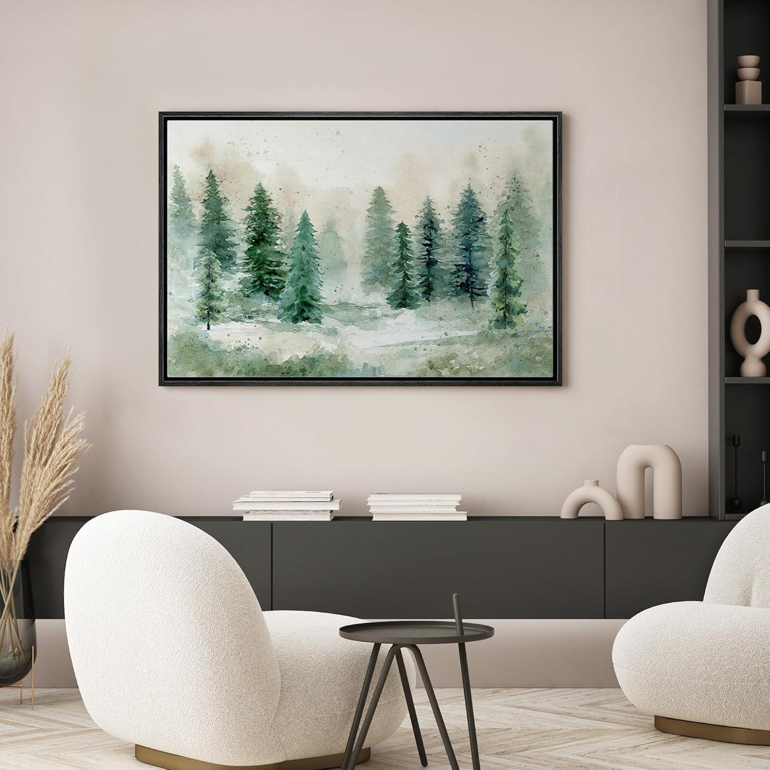 Woodland Forest Landscape " IDEA4WALL Framed Canvas Print Wall Art Woodland Nursery Decor Pastel Green Pine Tree Forest Landscape Nature Wilderness Fine Art Decorative Rustic For Living Room, Bedroom, Office "