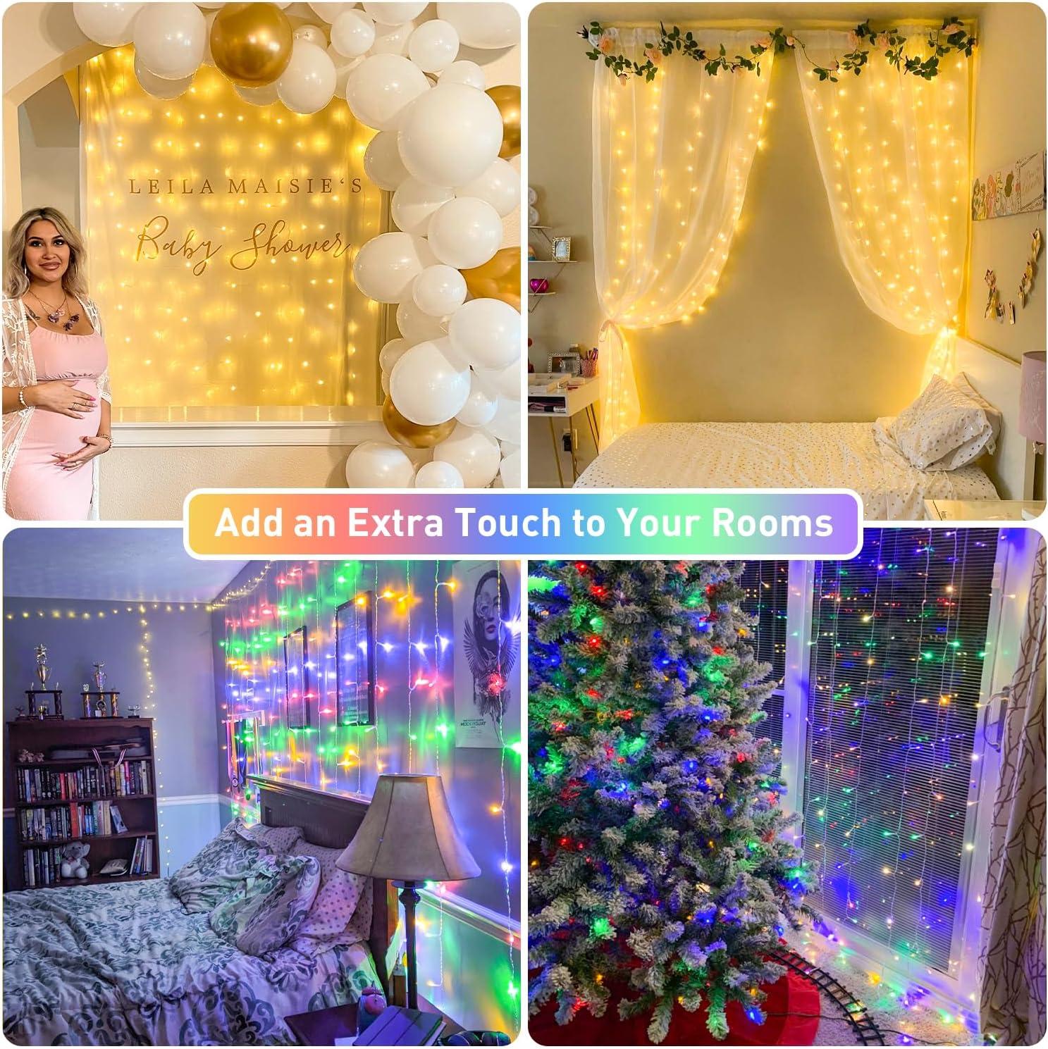 Warm White and Multicolor 300 LED Curtain Fairy Lights