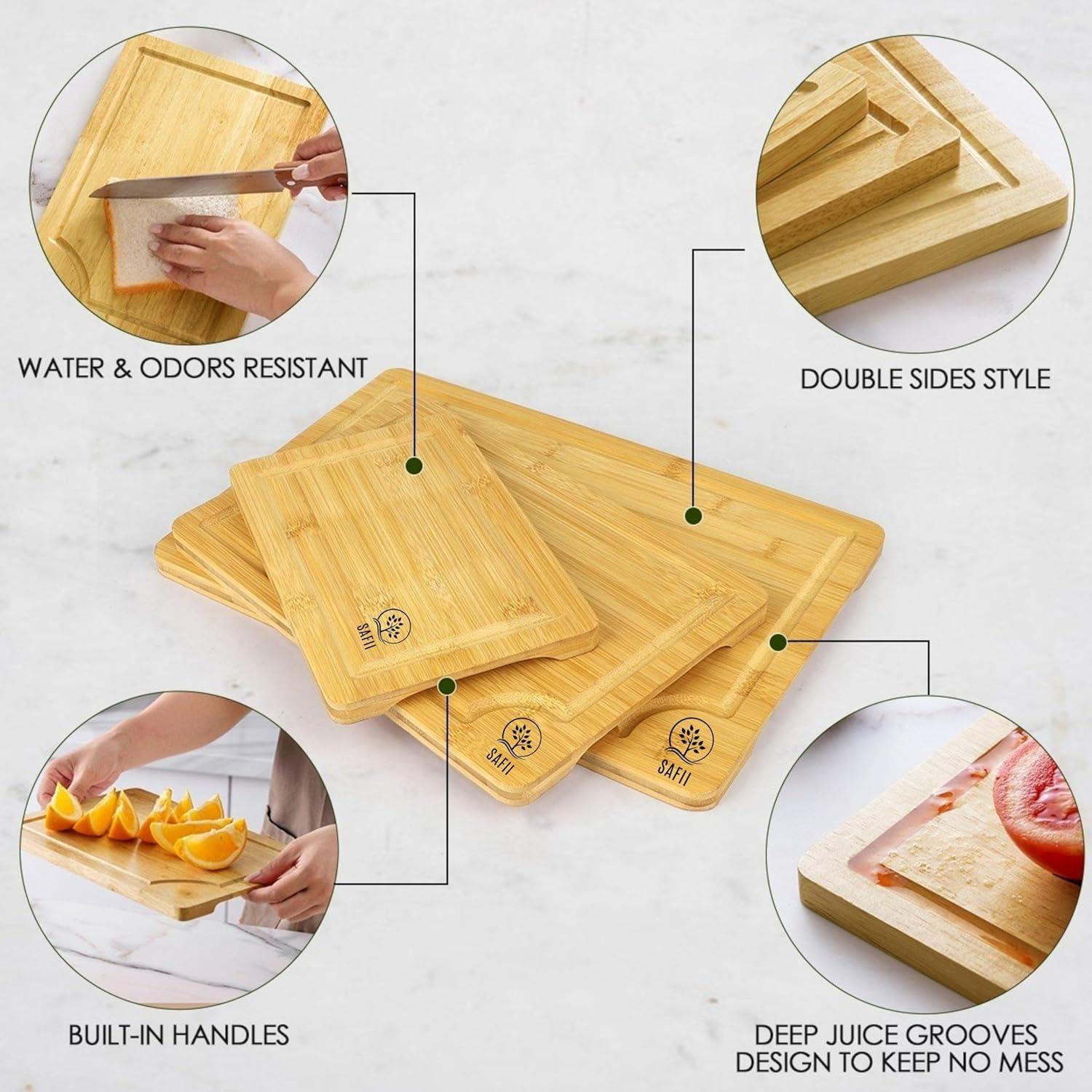 Bamboo Cutting Board Set of 3 with Side Trays - Wood Cutting Boards For Kitchen for Meat, Cheese, Fruits & Vegetables by Royal Craft Wood