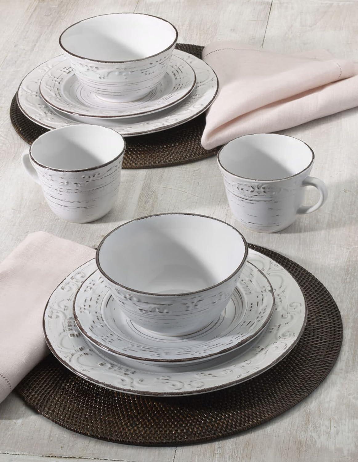 White Ceramic 16-Piece Rustic Dinnerware Set with Weathered Design