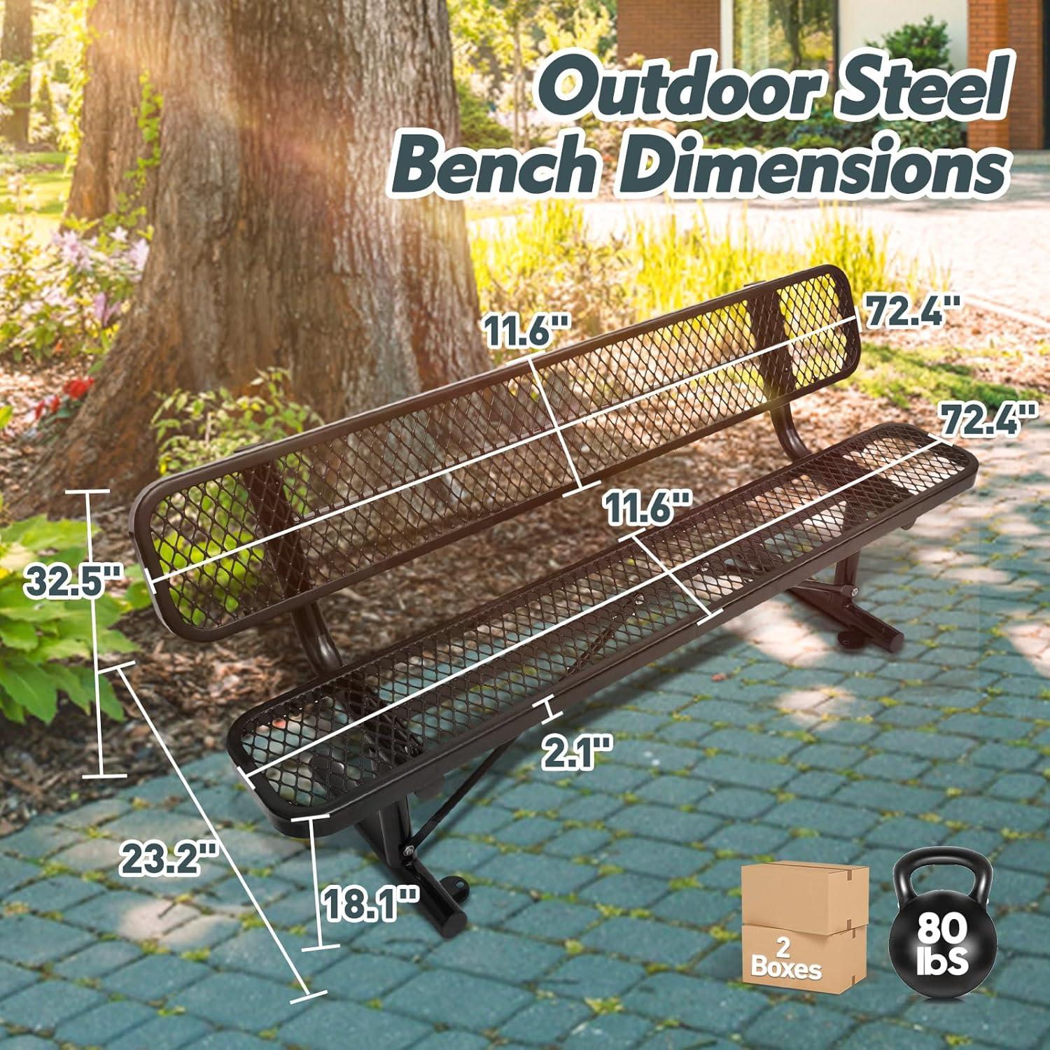 72'' Black Steel Outdoor Bench with Mesh Backrest