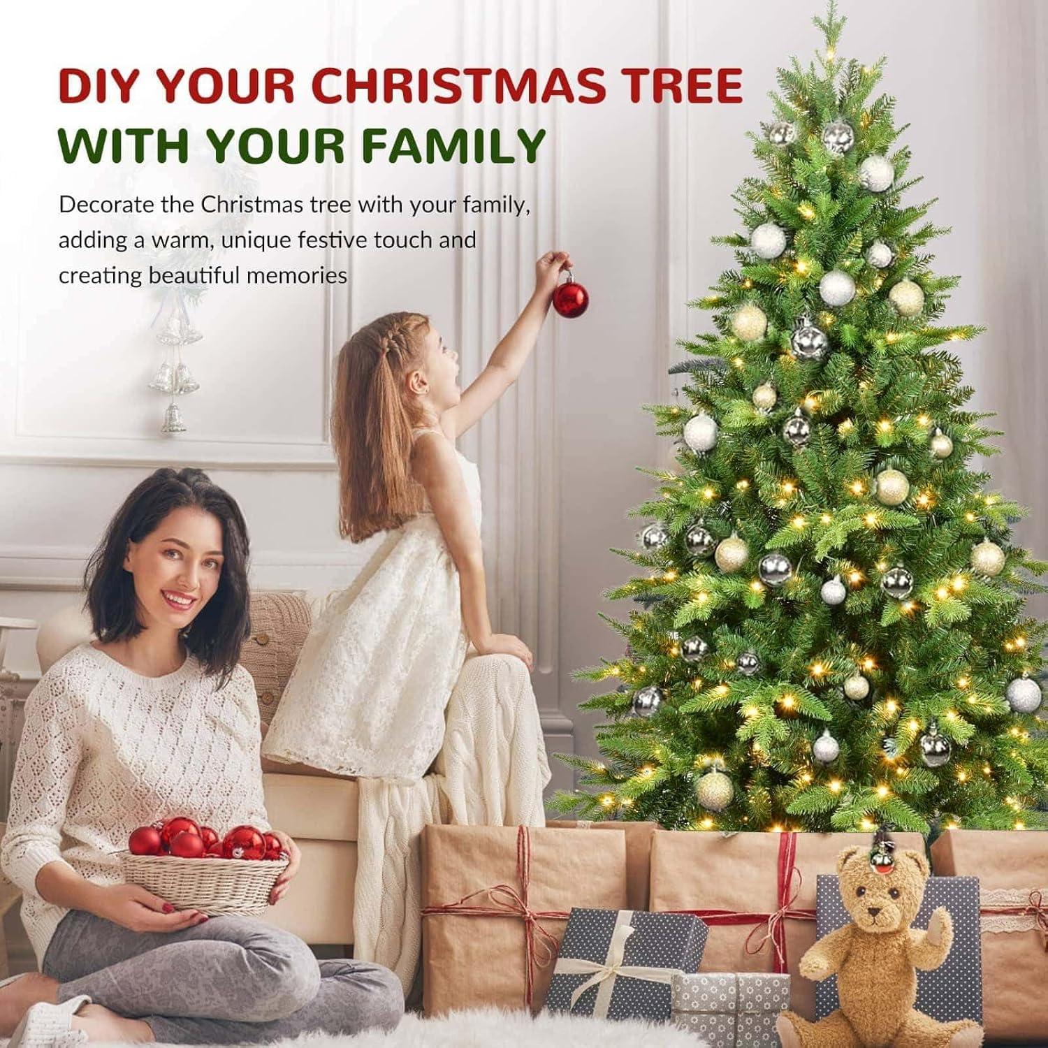 PAPROOS Prelit Christmas Trees, 5FT Artificial Christmas Tree with 250 Warm White LED Lights and 850 Branch Tips, Indoor Prelit Xmas Tree for Holiday Decor, Green