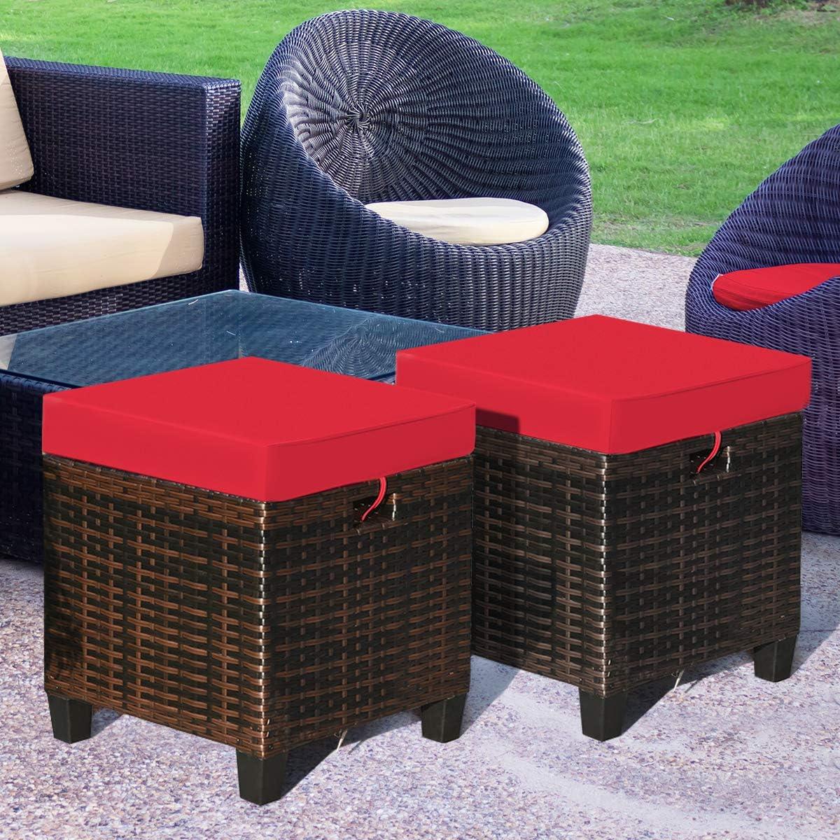 Outdoor Brown Wicker Ottoman with Red Cushions, Set of 2