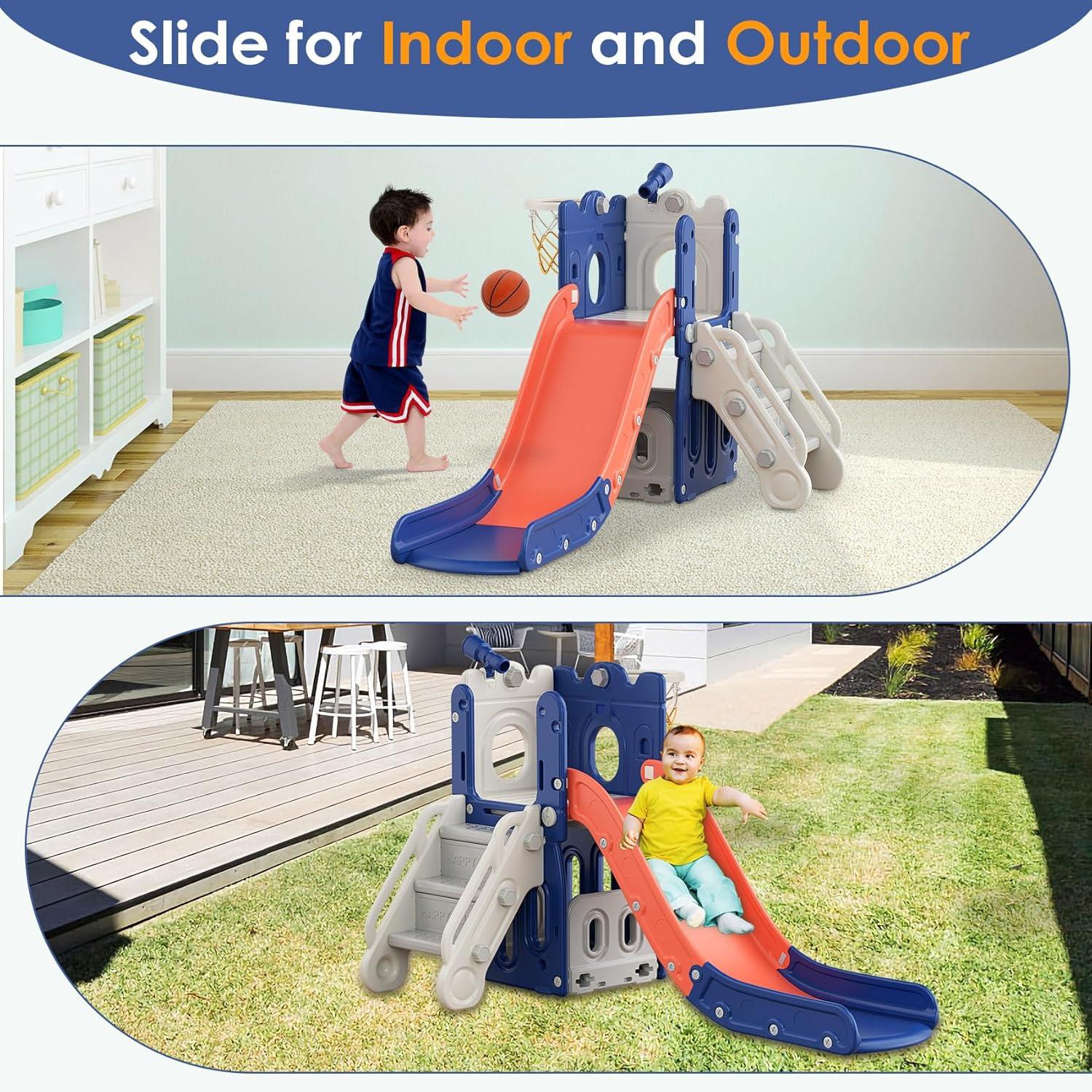 L-Shaped Blue and Orange Toddler Slide with Basketball Hoop