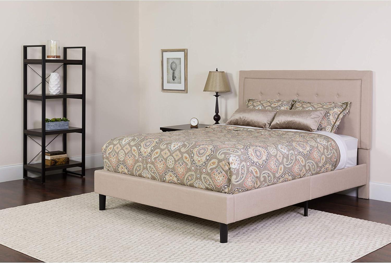 Flash Furniture Roxbury Queen Size Tufted Upholstered Platform Bed in Beige Fabric