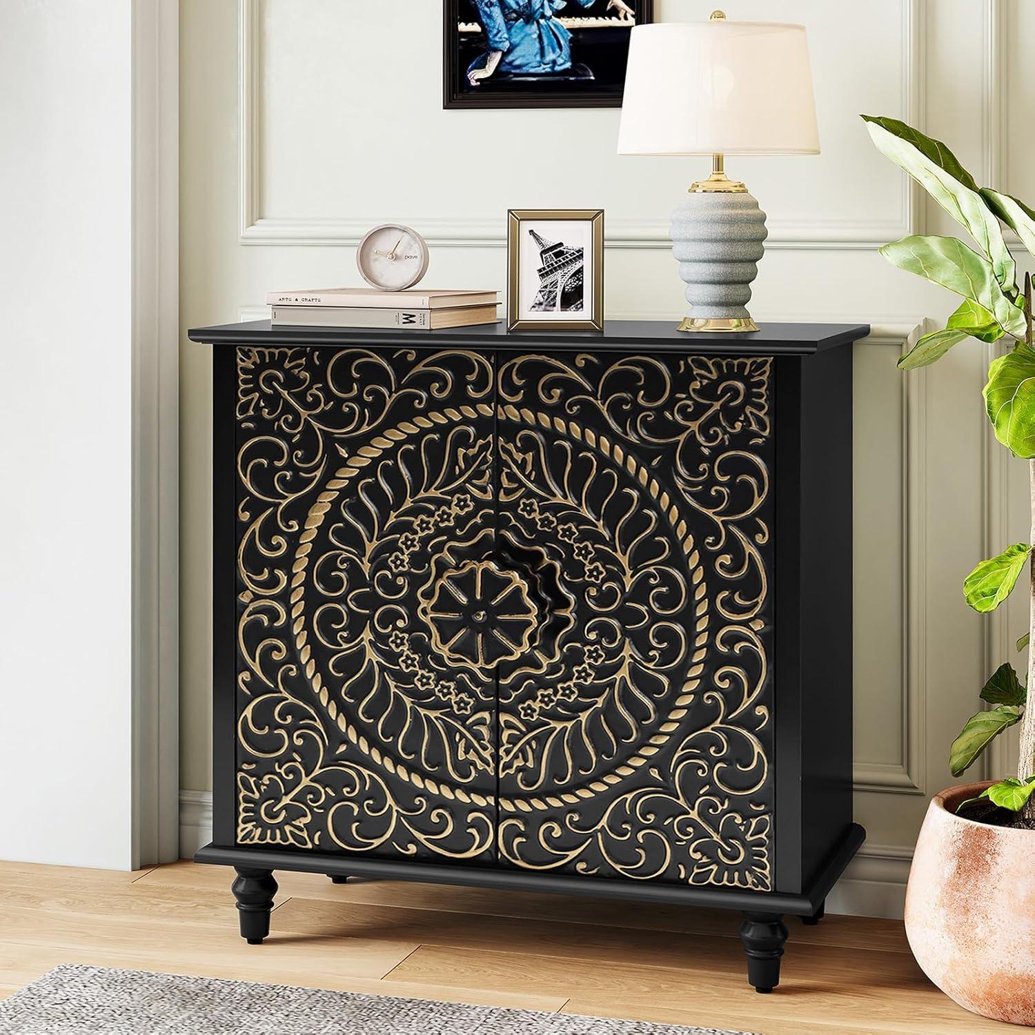 Black Carved Floral Pattern 2-Door Accent Cabinet