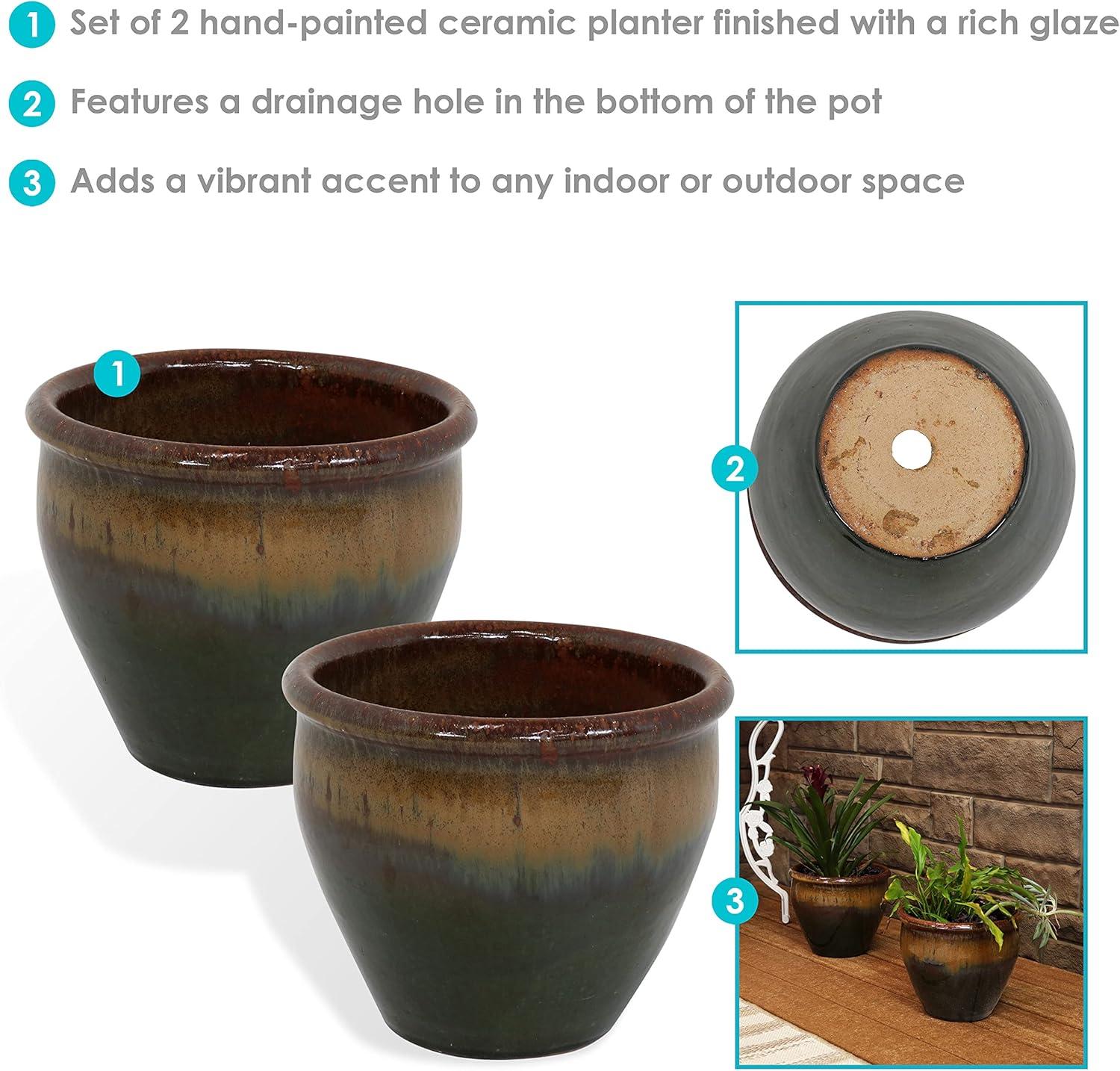 Sunnydaze Chalet Outdoor/Indoor High-Fired Glazed UV- and Frost-Resistant Ceramic Planters with Drainage Holes - 2-Pack