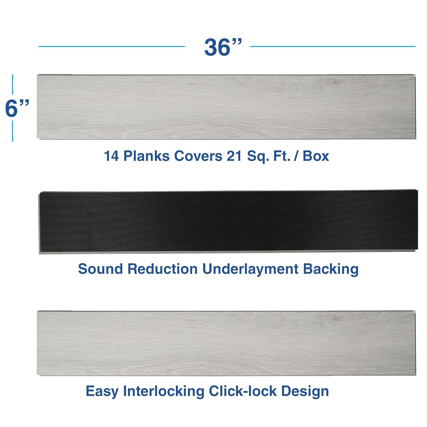 Home Aesthetics 21 SqFt Gray Oak Wood Grain Interlocking Vinyl Floor Planks 36"X6" 14pcs