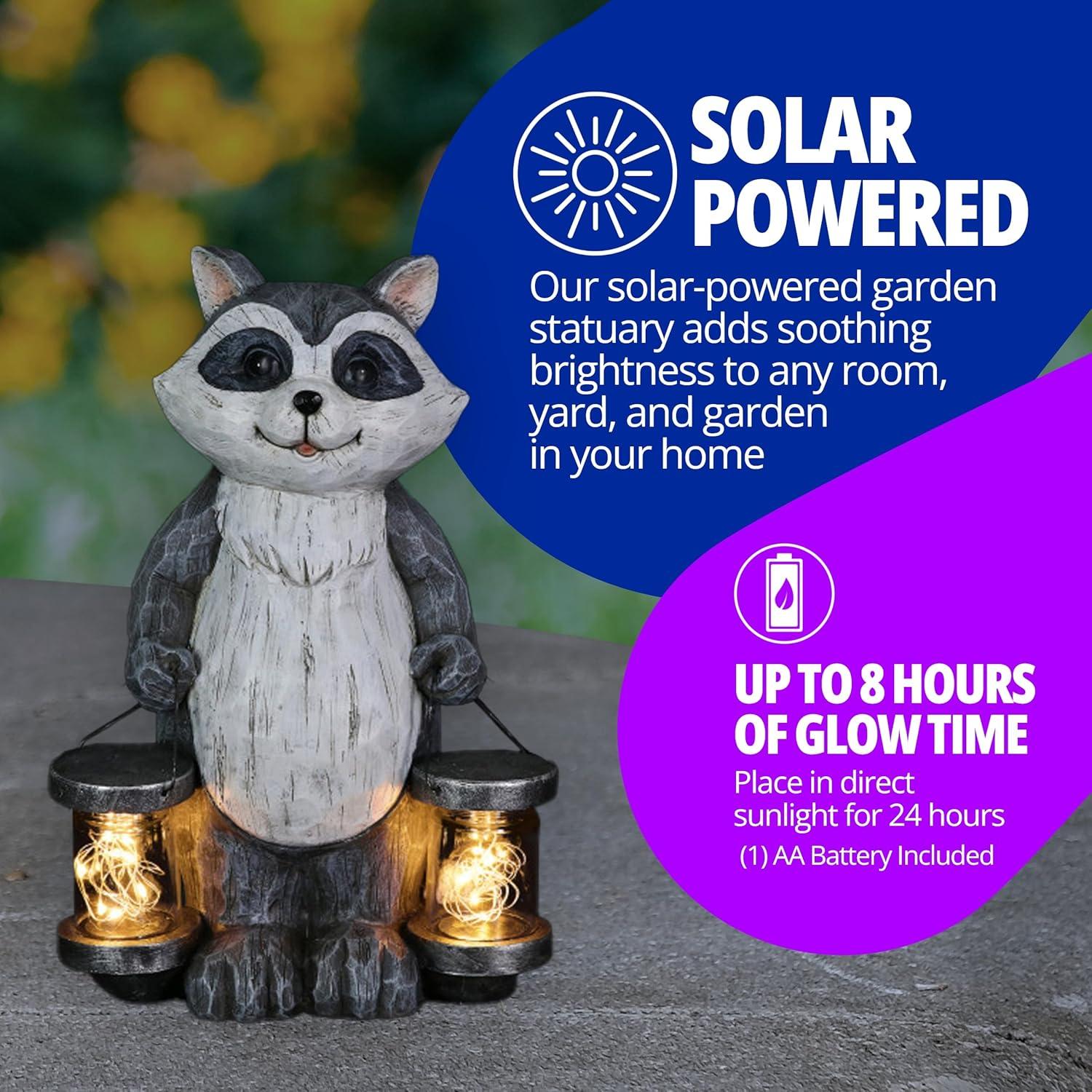 Exhart Solar Firefly Jar Raccoon Garden Statuary, 10 Inches tall