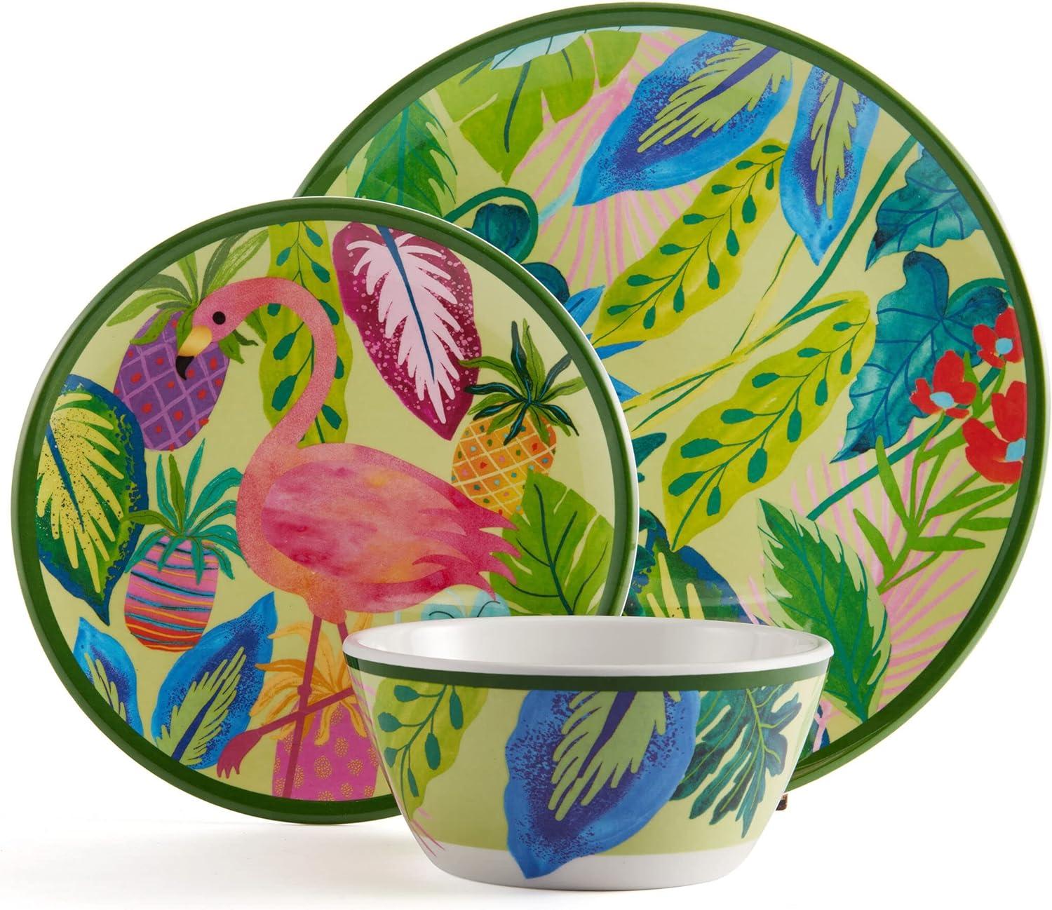 Flamingo Fling 12-Piece Multicolor Melamine Dinnerware Set