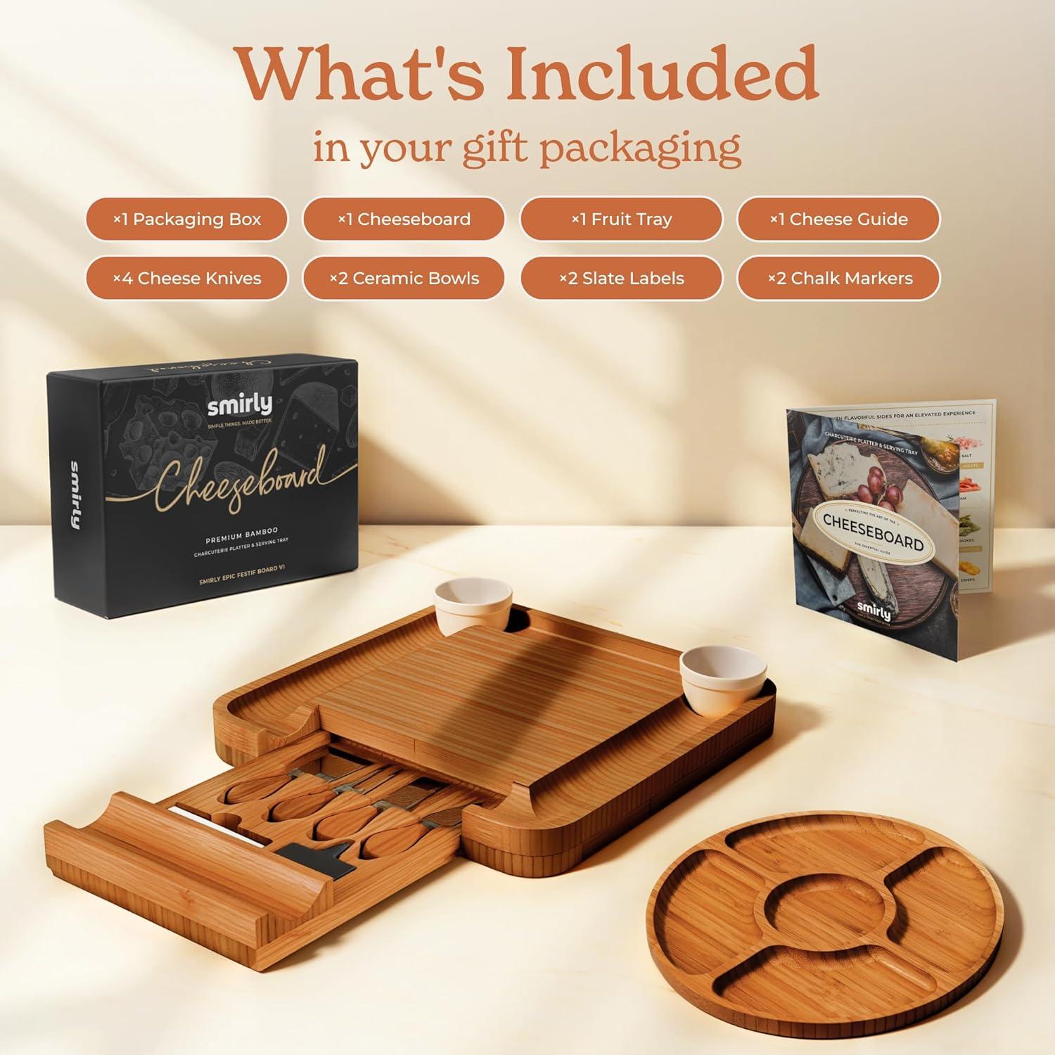 SMIRLY Charcuterie Board Set Large Bamboo Cheese Board with Fruit Tray & 2 Ceramic Bowls