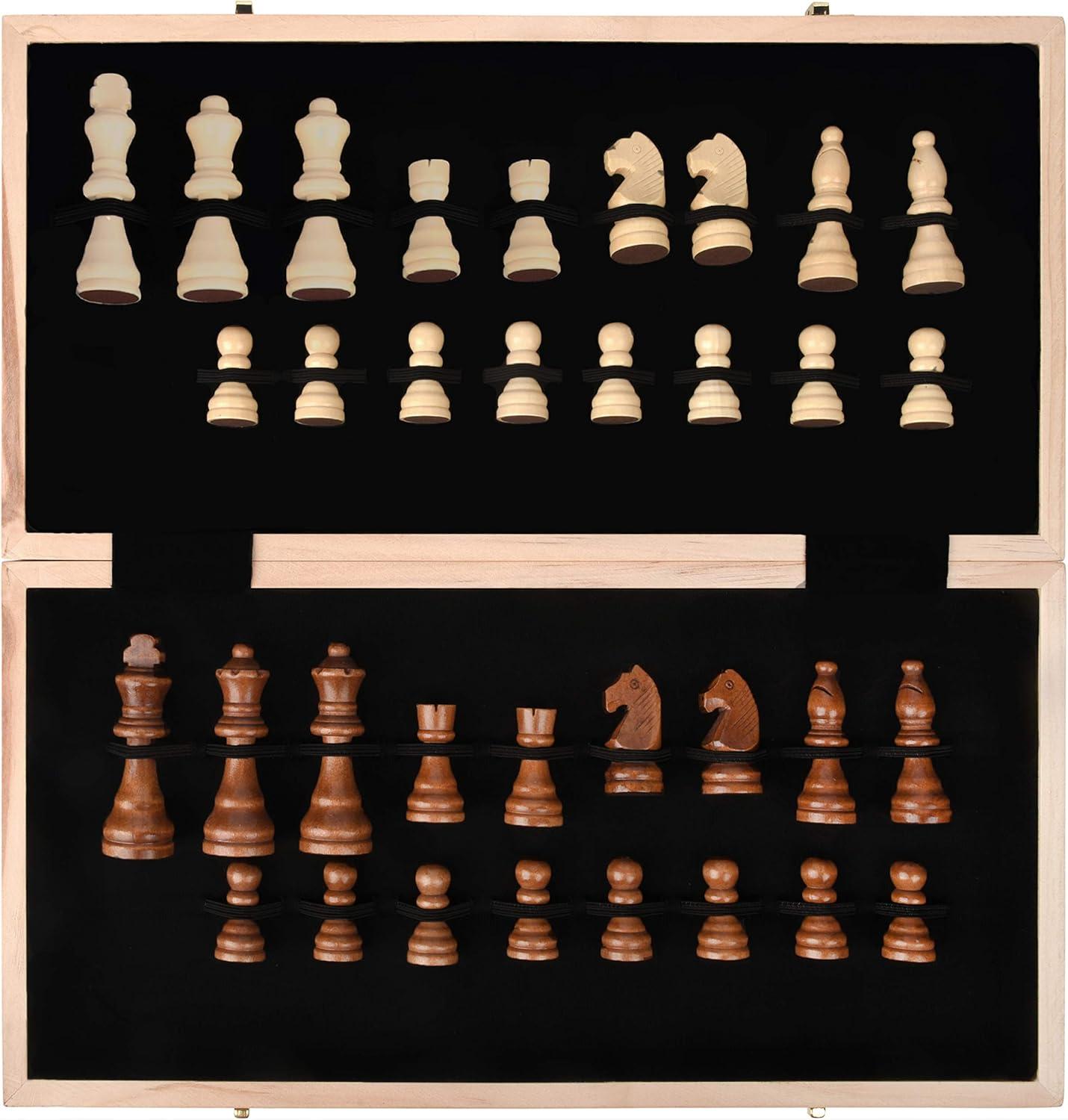 17" Walnut Wood Folding Chess Set with Hand-Carved Pieces