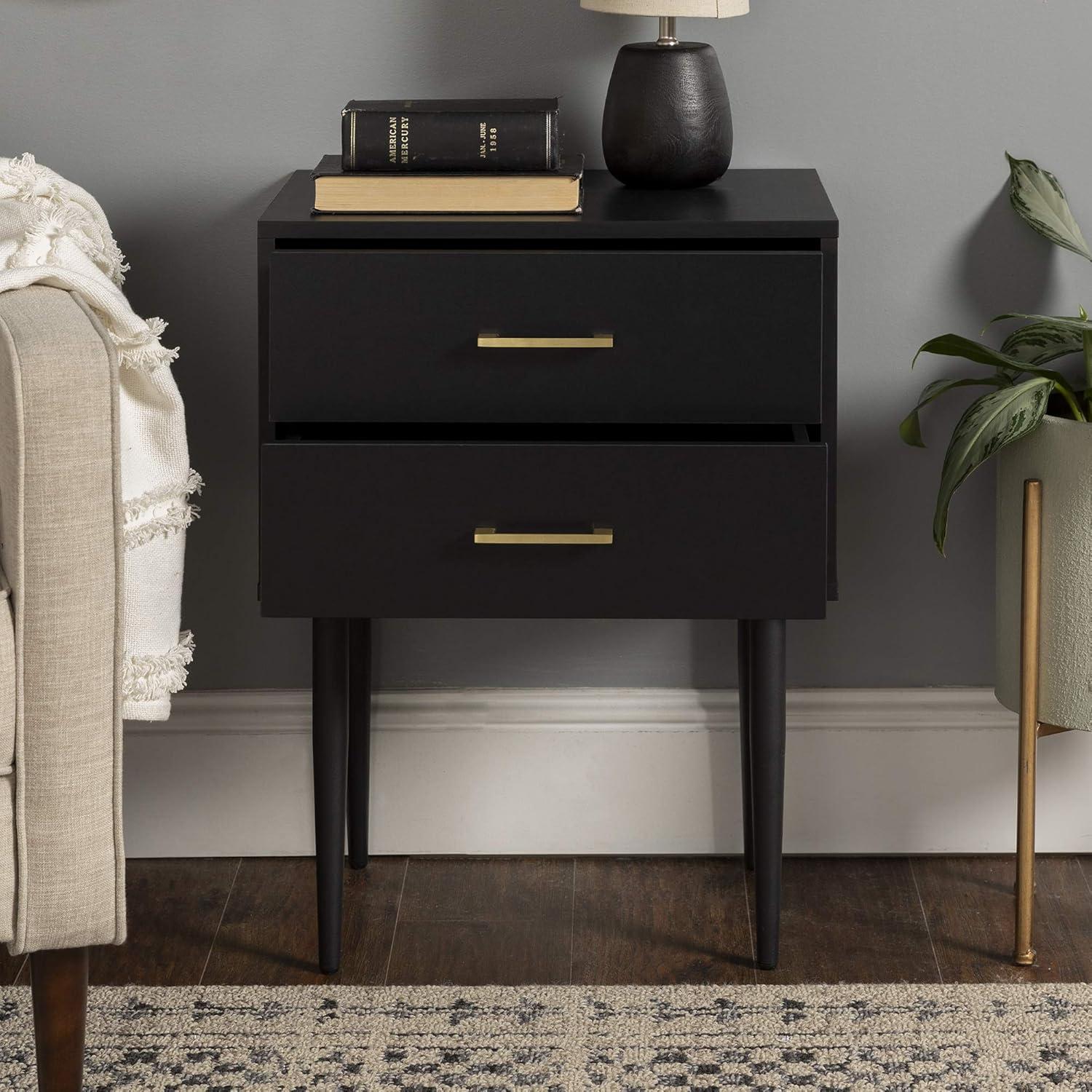 Evie 20" Solid Black Mid-Century Modern 2-Drawer Nightstand Set