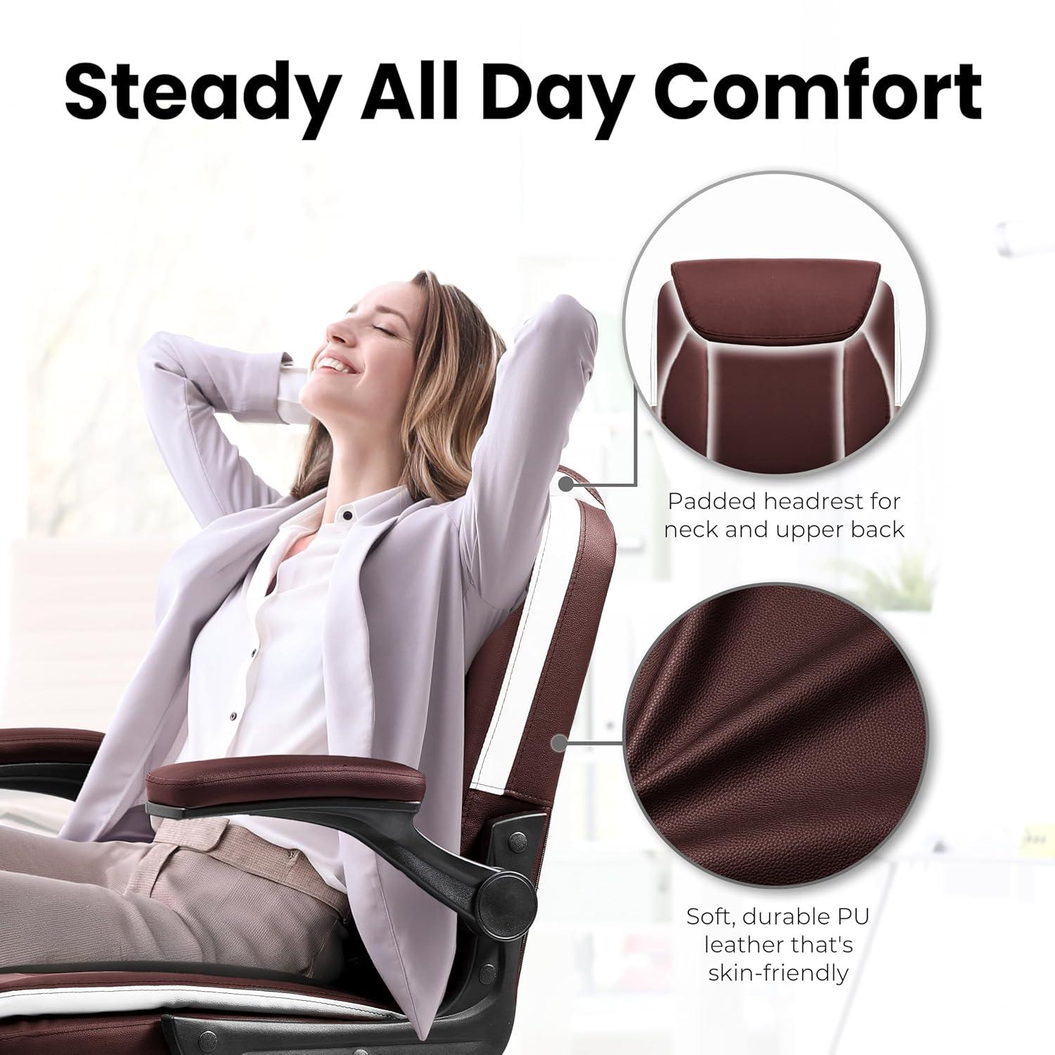 Brown PU Leather Ergonomic Office Chair with Flip-up Arms