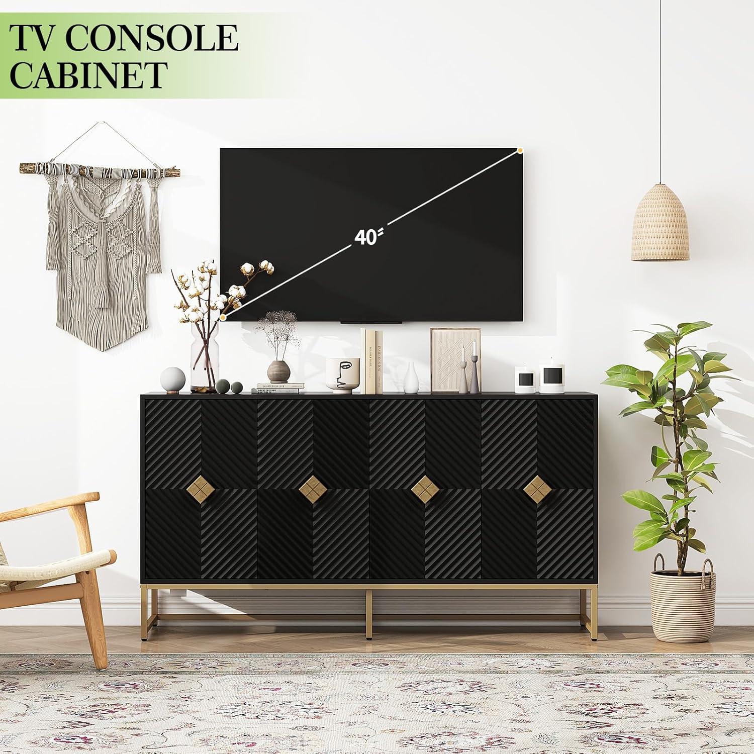 Black Wood 4-Door Sideboard with Gold Metal Legs