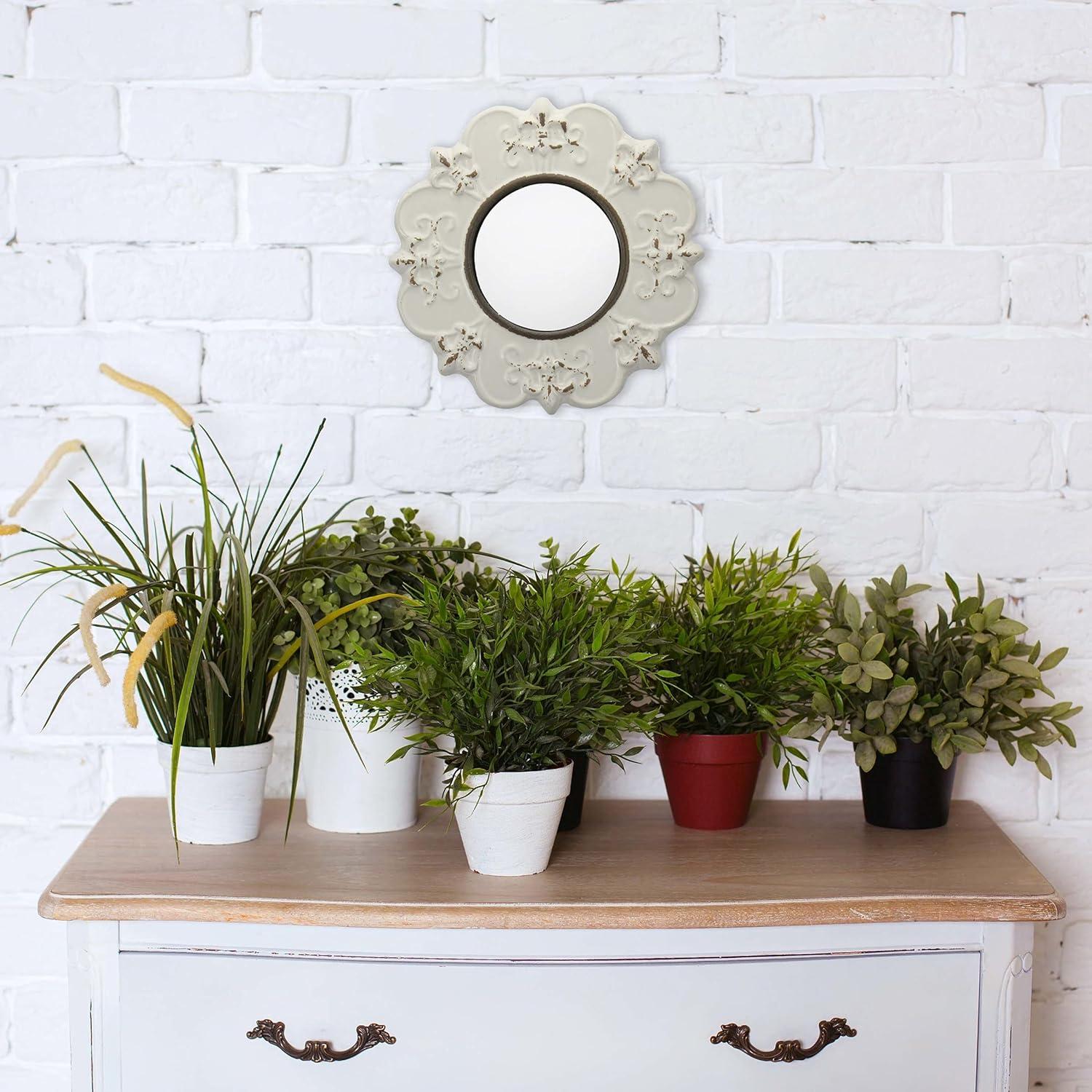 Antique White 8" Round Ceramic Fleur de Lis Wall Mirror