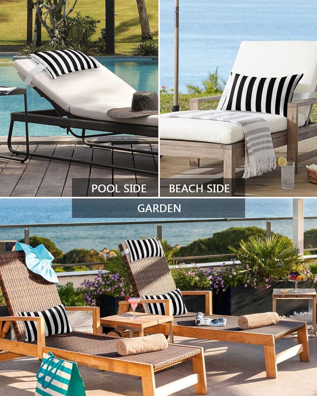 T&H XHome Outdoor Pillow for Chaise Lounge Chair, Black and White Stripe Waterproof Headrest Pillow Lumbar Pillows with Insert & Adjustable Elastic Strap for Beach, Poolside, Patio, Office (2 Pack)