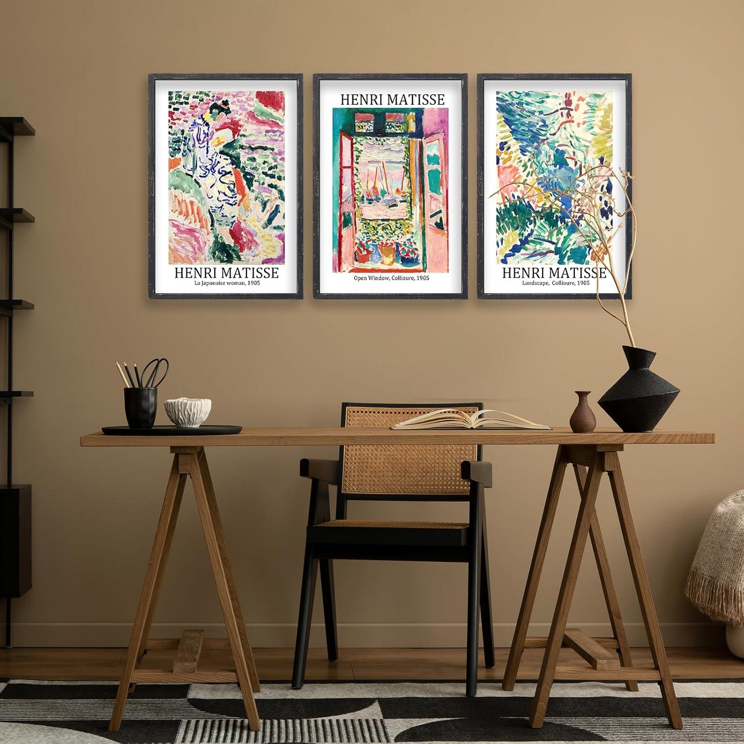 Vault W Artwork Set Of 3 16X11 Inch Large Rustic Farmhouse Aesthetic Wood Framed Matisse Sign Modern Home Bedroom Living Room Office Abstract Landscape Print Wall Hang (Wood) (Set of 3)