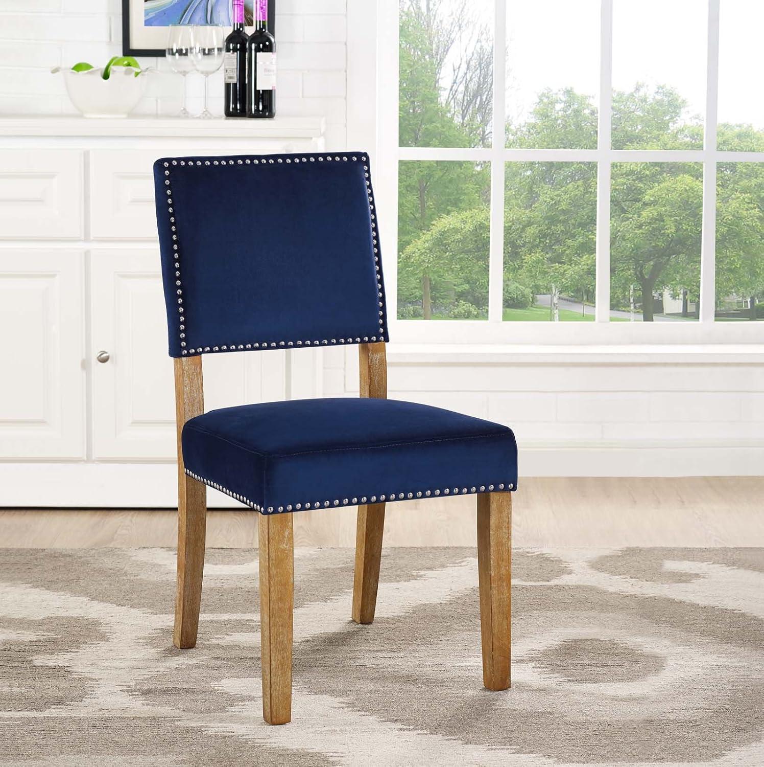 Elegant Navy Velvet Upholstered Dining Side Chair with Nailhead Trim