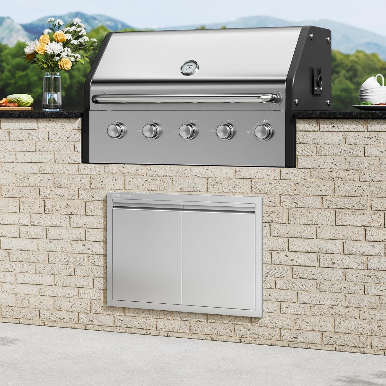 BBQ Access Door 30 in. W x 21 in. H Brushed Stainless Steel Outdoor Kitchen Door with Hooks for Outside Cabinet