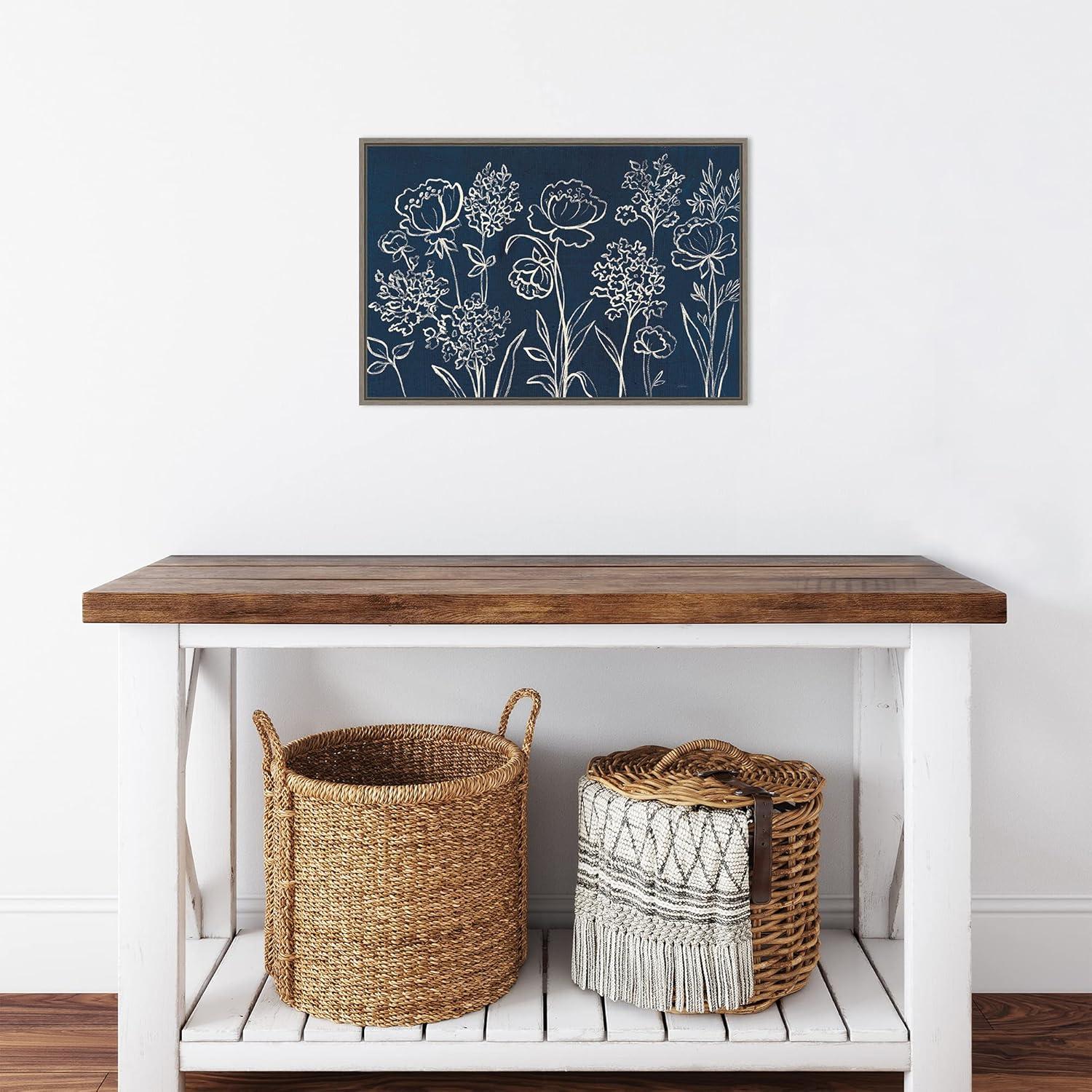 Amanti Art 23"x16" Indigo Floral I by Silvia Vassileva Framed Canvas Wall Art Print: Modern Botanical Lithograph, Polystyrene Frame