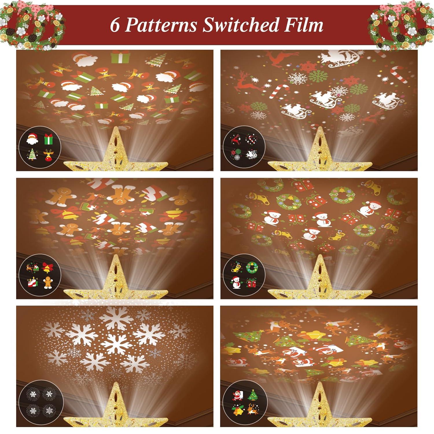 HOUFIY Christmas Tree Topper Lighted with 6 Projection Modes Star Tree Topper Built-in LED Rotating 3D Lighted Glitter Star Decorations Projector Tree Topper for Christmas Tree