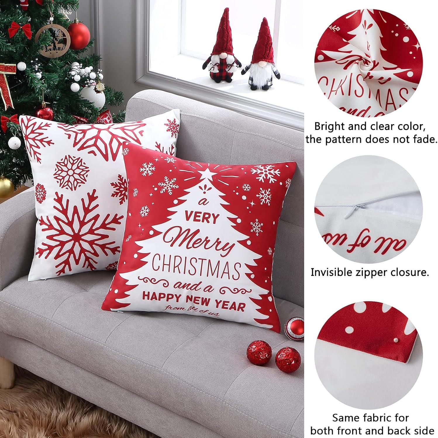 Christmas Decorations Throw Pillow Covers, Set of 4 Throw Pillow Cases with Holiday Decor, 18x18inch, Red