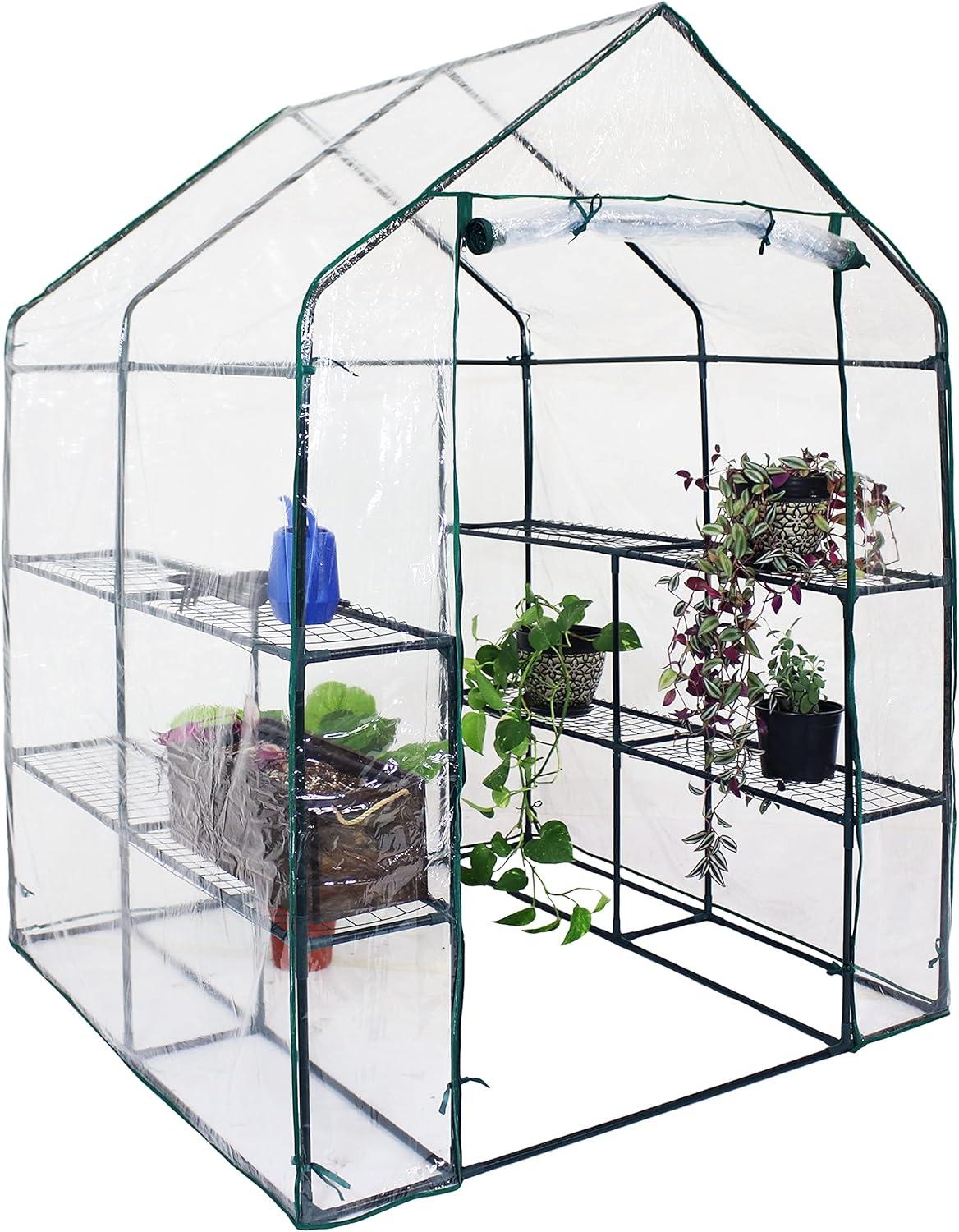 Sunnydaze Outdoor Portable Growing Rack Grandeur Mini Walk-In Greenhouse with Roll-Up Door - 4 Shelves - Clear