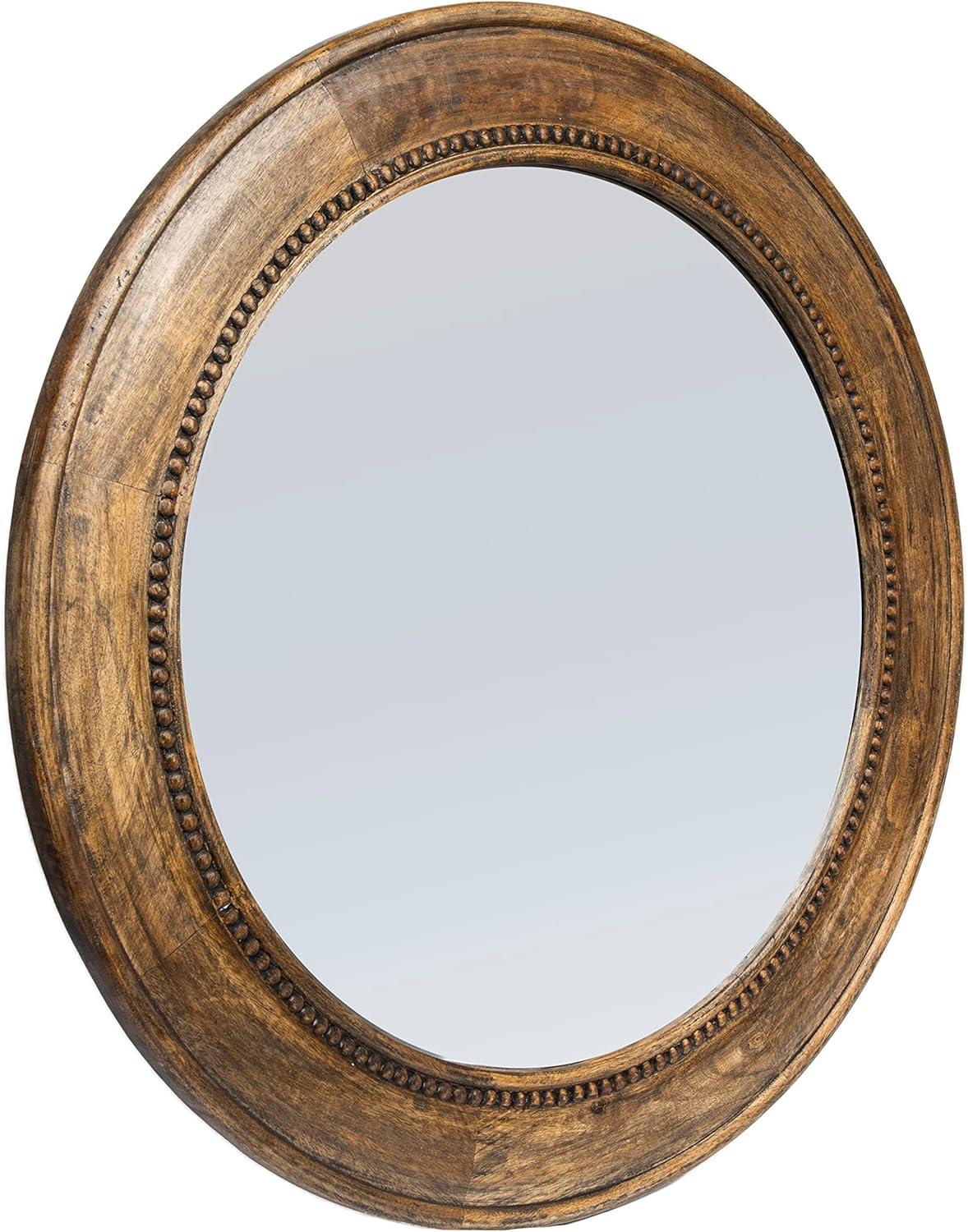 Storied Home Round Carved Wood Framed Wall Mirror with Hobnail Detail: No Assembly, Mango Wood