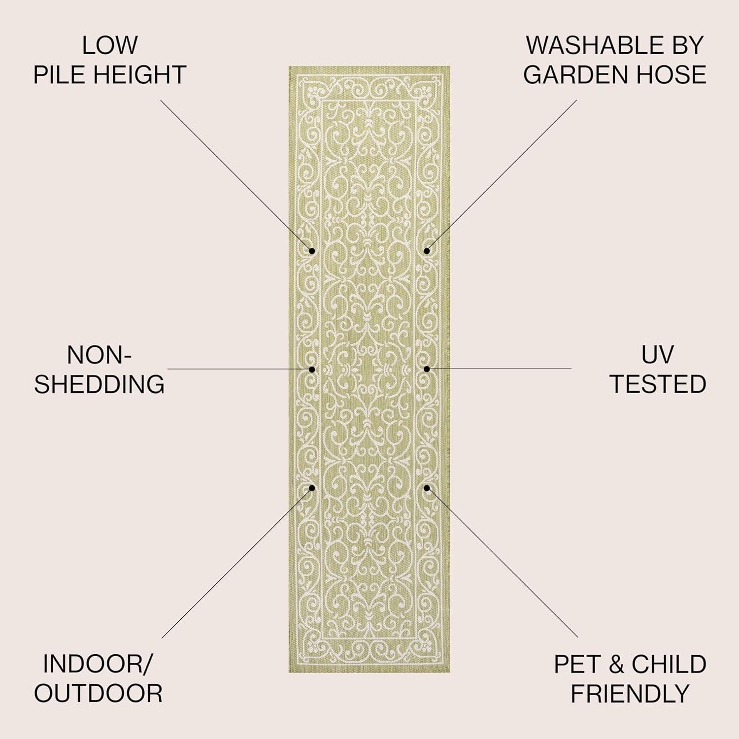 2' x 8' Charleston Vintage Filigree Textured Weave Indoor/Outdoor Runner Rug, Green/Cream - JONATHAN Y