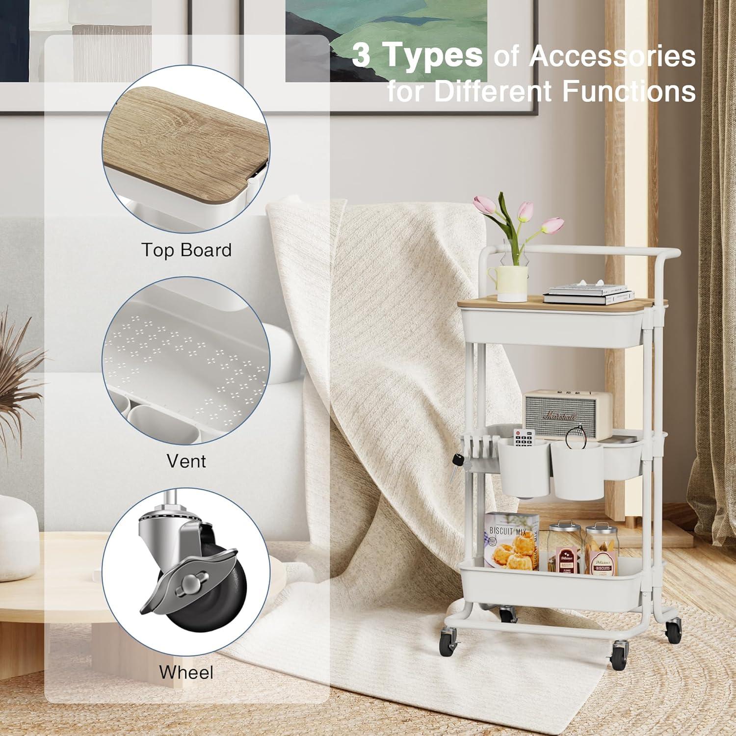 White 3-Tier Rolling Utility Cart with Metal Frame and Lockable Wheels