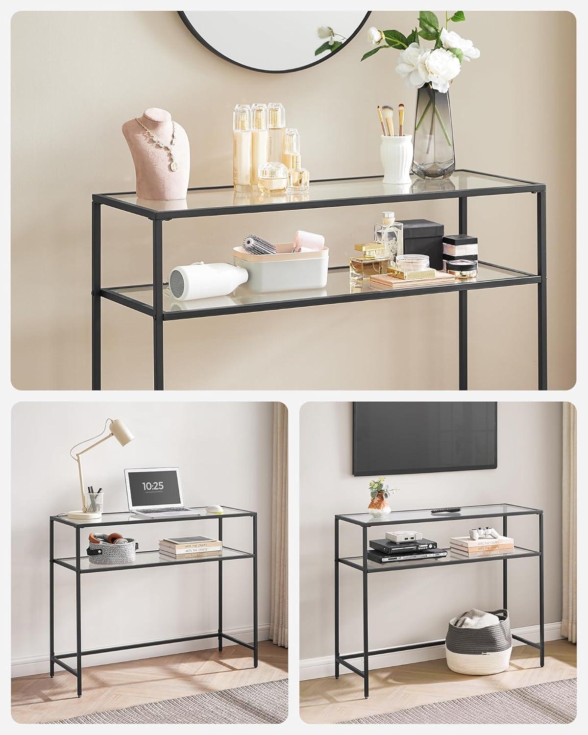 Black Metal and Glass Console Table with Storage Shelves