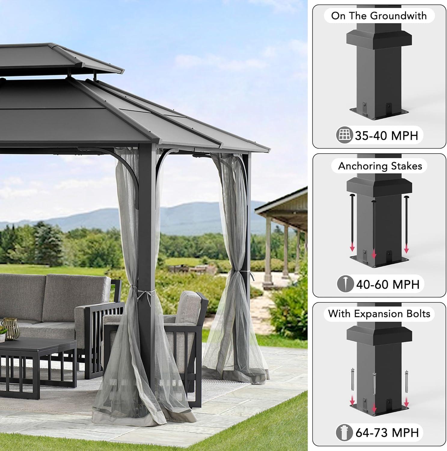Sunjoy Sunjoy Hardtop Gazebo 10 x 12 ft. Outdoor Gazebo, Heavy Duty Steel Frame Gazebo, Double Roof Metal Gazebo with Ceiling Hook and Removable Netting Sidewalls
