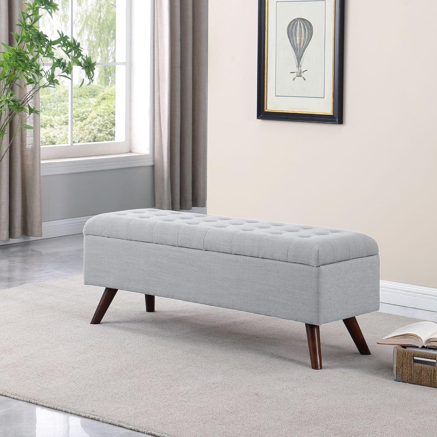 Gray Tufted Fabric Storage Bench with Wood Legs