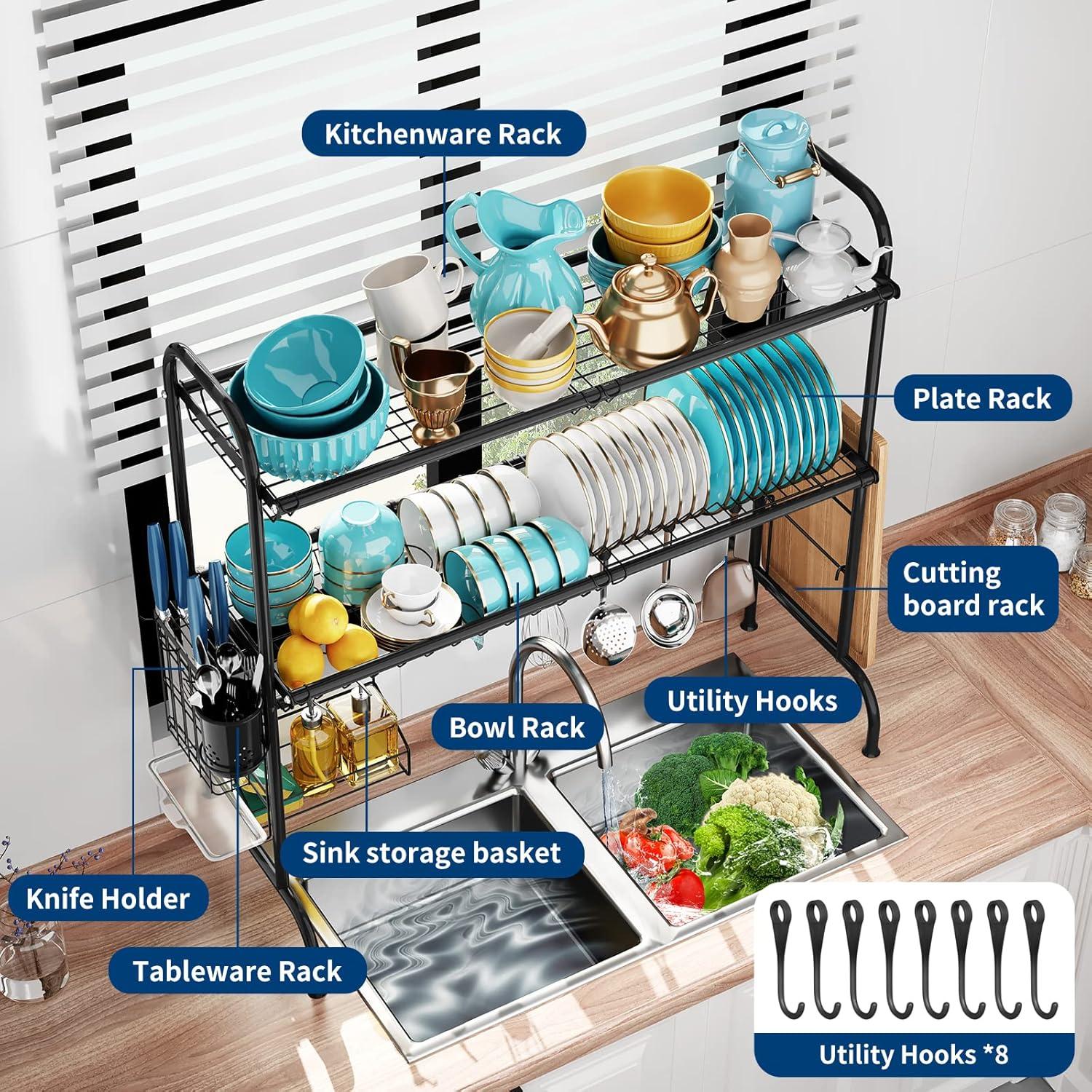 Adjustable Black Stainless Steel 2-Tier Over-Sink Dish Rack