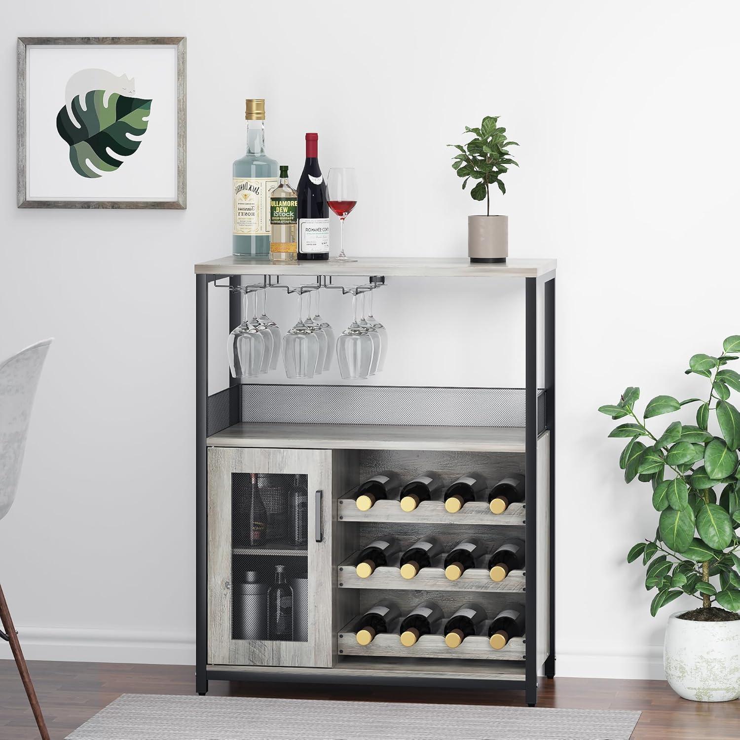 GAOMON Wine Bar Cabinet with Removable Wine Racks and 1 Drawer,Bar Cabinet with Glass Holder and Mesh Door for Liquor and Glasses (Grey)