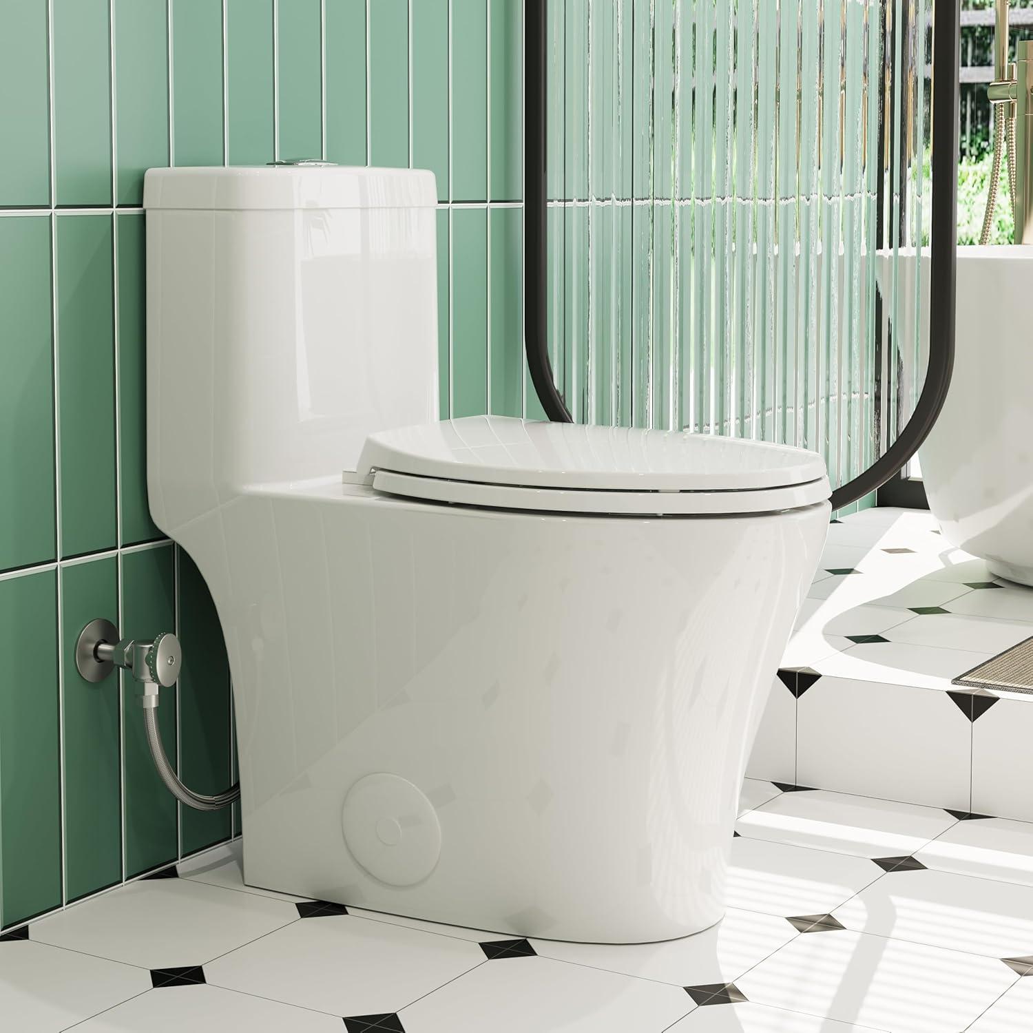 Elongated One-Piece Toilet, 17" ADA Comfortable Chair Seat Height, 0.8/1.26 GPF Dual Flush Toilet with Square Button, MAP 1000g, White Toilet Bowl