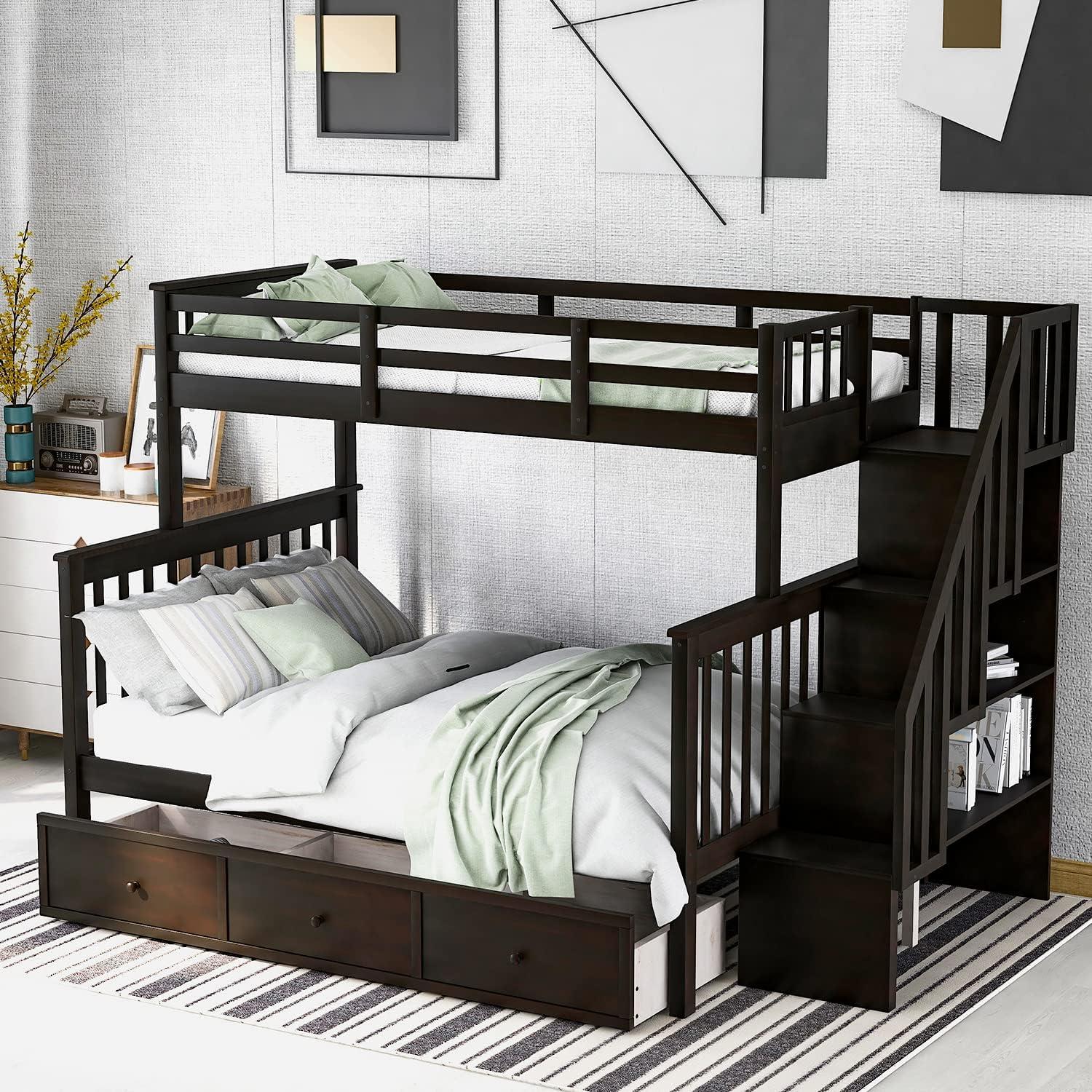 Twin Over Full Bunk Bed Frame With Storage Drawers, Shelves, Guardrails and Stairs for Kids, Teens and Adults - Espresso