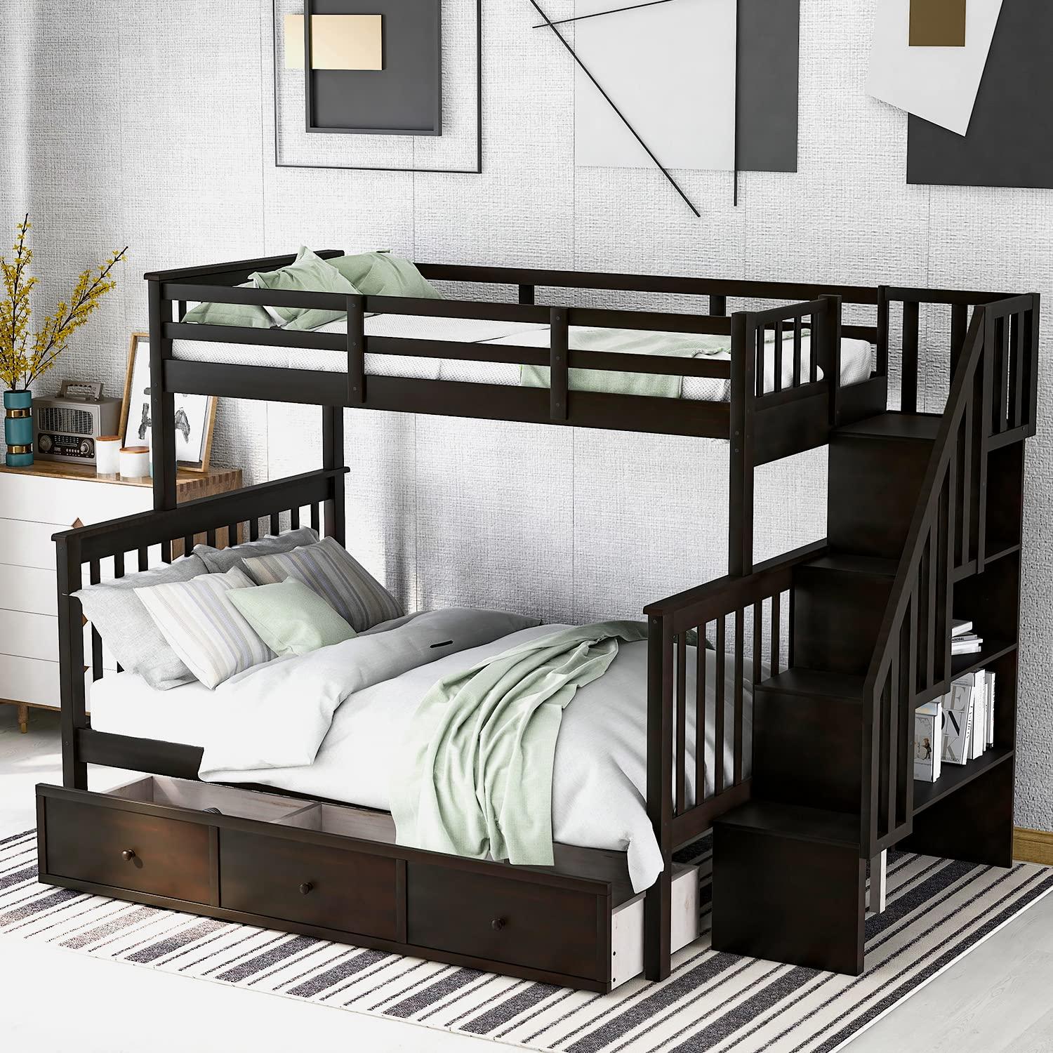Twin Over Full Bunk Bed Frame With Storage Drawers, Shelves, Guardrails and Stairs for Kids, Teens and Adults - Espresso