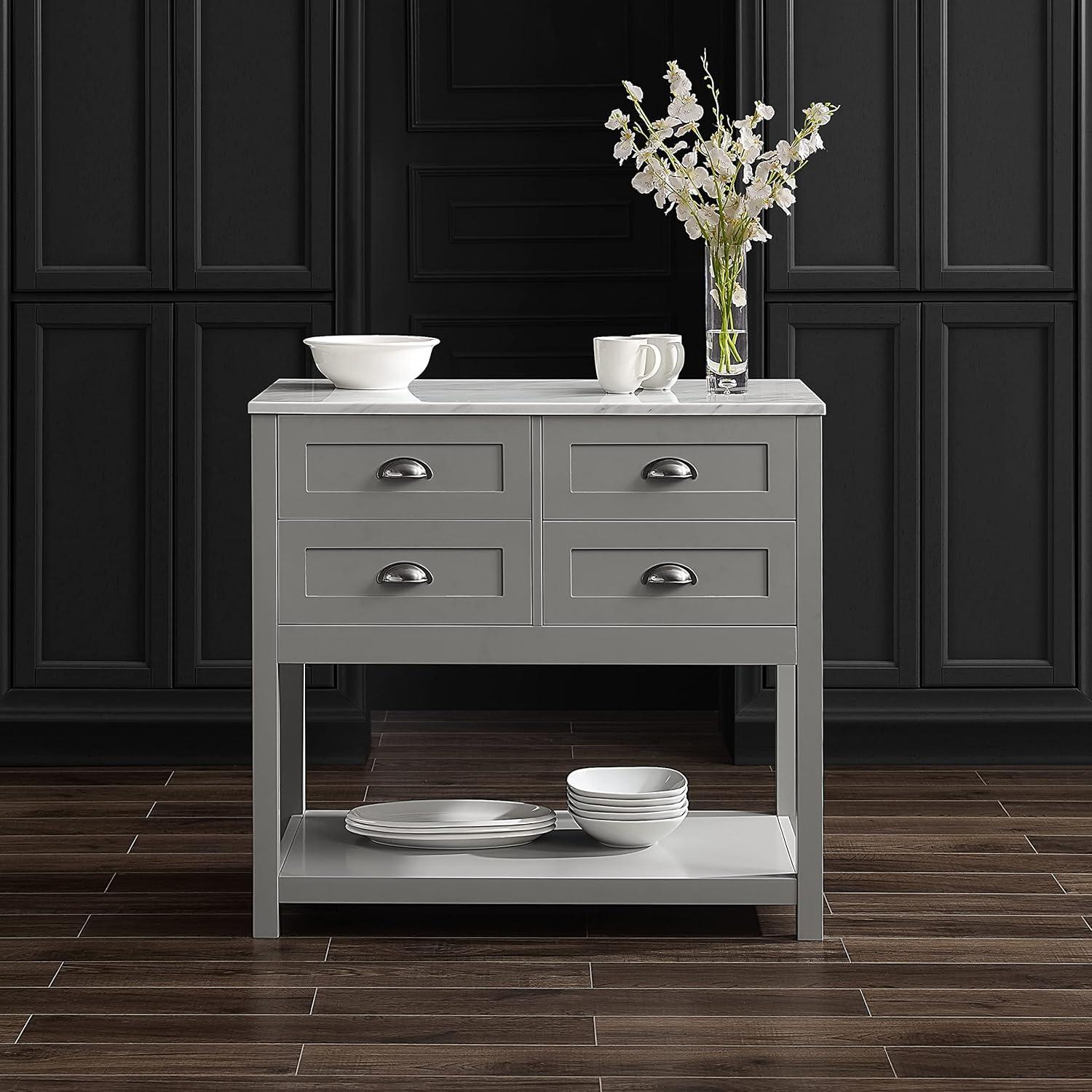 Connell Kitchen Island Cart Gray/White Marble - Crosley: Mobile Storage, 4 Drawers, Open Shelf, Locking Wheels