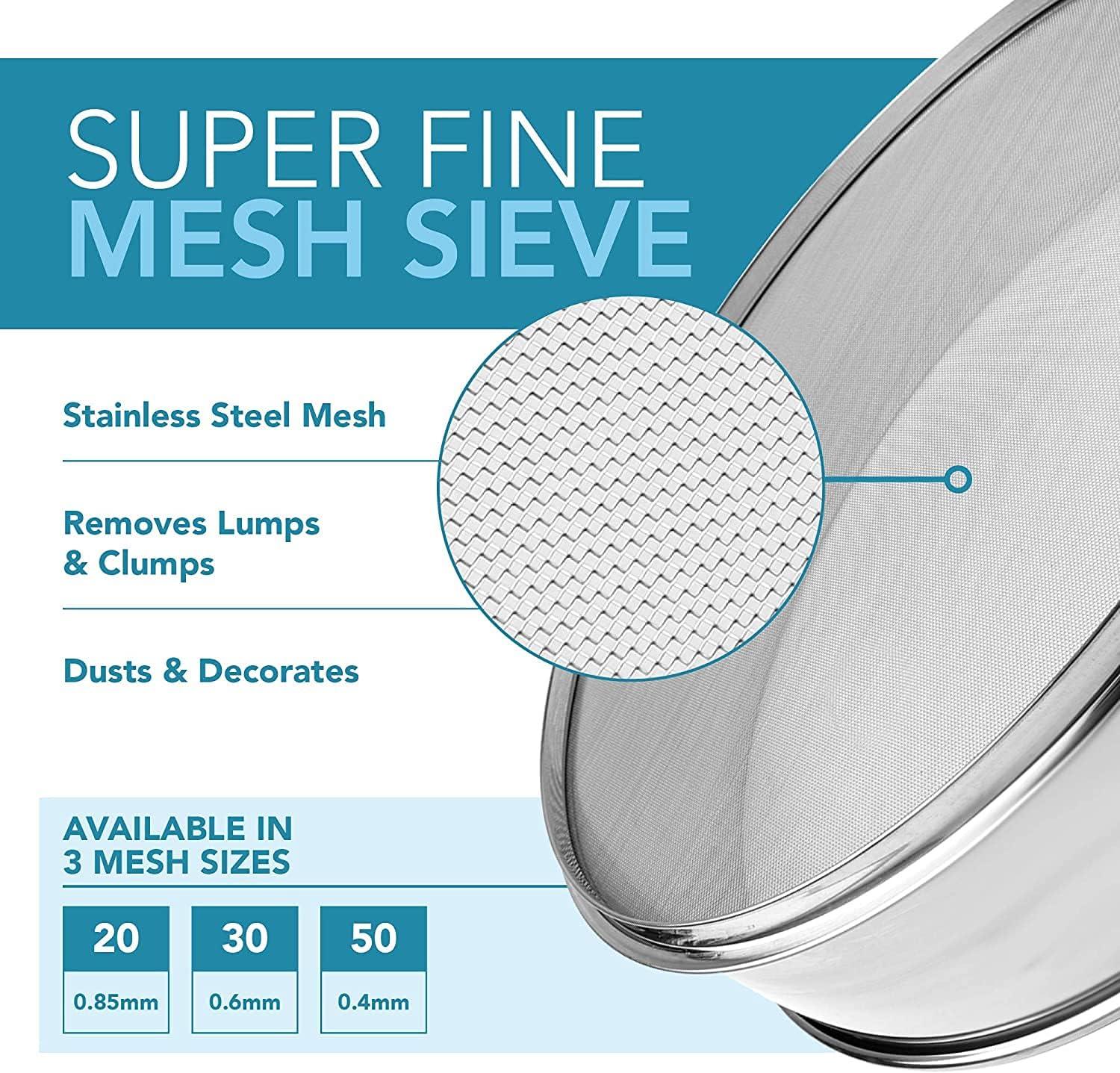 Vollum Flour Sifter for Baking Stainless Steel Mesh Sieve - 0.85mm Holes (20 Mesh)