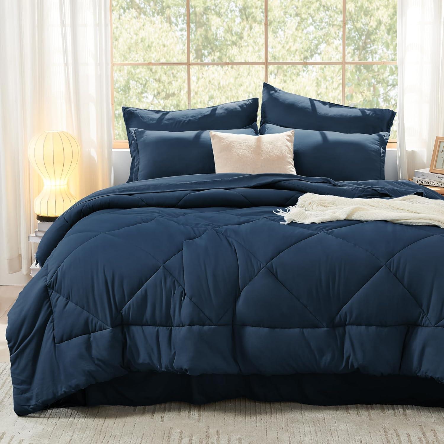 Virtu Queen Comforter Set, 7pc Bed in a Bag, Pleated Bedding Comforter Sets with Sheets, Navy