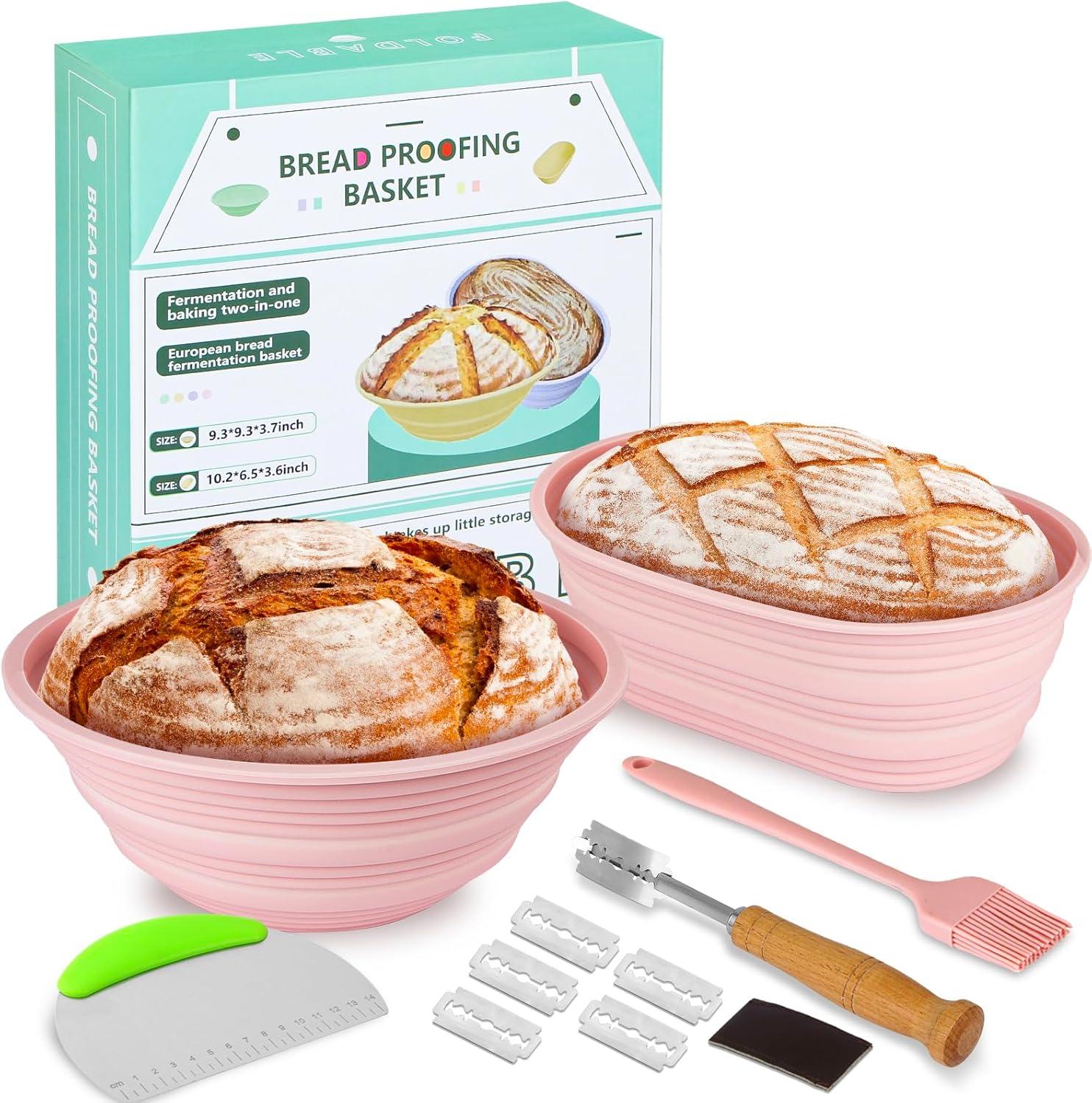 Premium Banneton Bread Proofing Basket Set of 2 - Silicone Sourdough Starter Kit 10 Inch Oval & 9 Food Grade Silicone Material Practical Bread Making Starter Kit